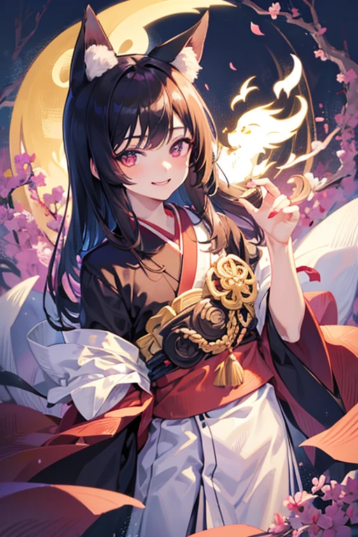 masterpiece, best quality, young japanese man posing for a portrait, 1boy, male focus, solo, kitsune, fangs, pale skin, violet eyes, tsurime, hime cut, straight hair, black hair, long hair, kemonomimi, animal ears, black fox ears, japanese clothes, kimono, upper body, looking at viewer, edo period, feminine face, feminine body, flat chest, mischievous, smile