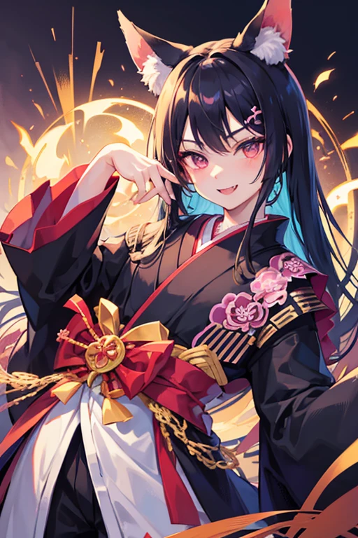 masterpiece, best quality, young japanese man posing for a portrait, 1boy, male focus, solo, kitsune, fangs, pale skin, violet eyes, tsurime, hime cut, straight hair, black hair, long hair, kemonomimi, animal ears, black fox ears, japanese clothes, kimono, upper body, looking at viewer, edo period, feminine face, feminine body, flat chest, mischievous, smile