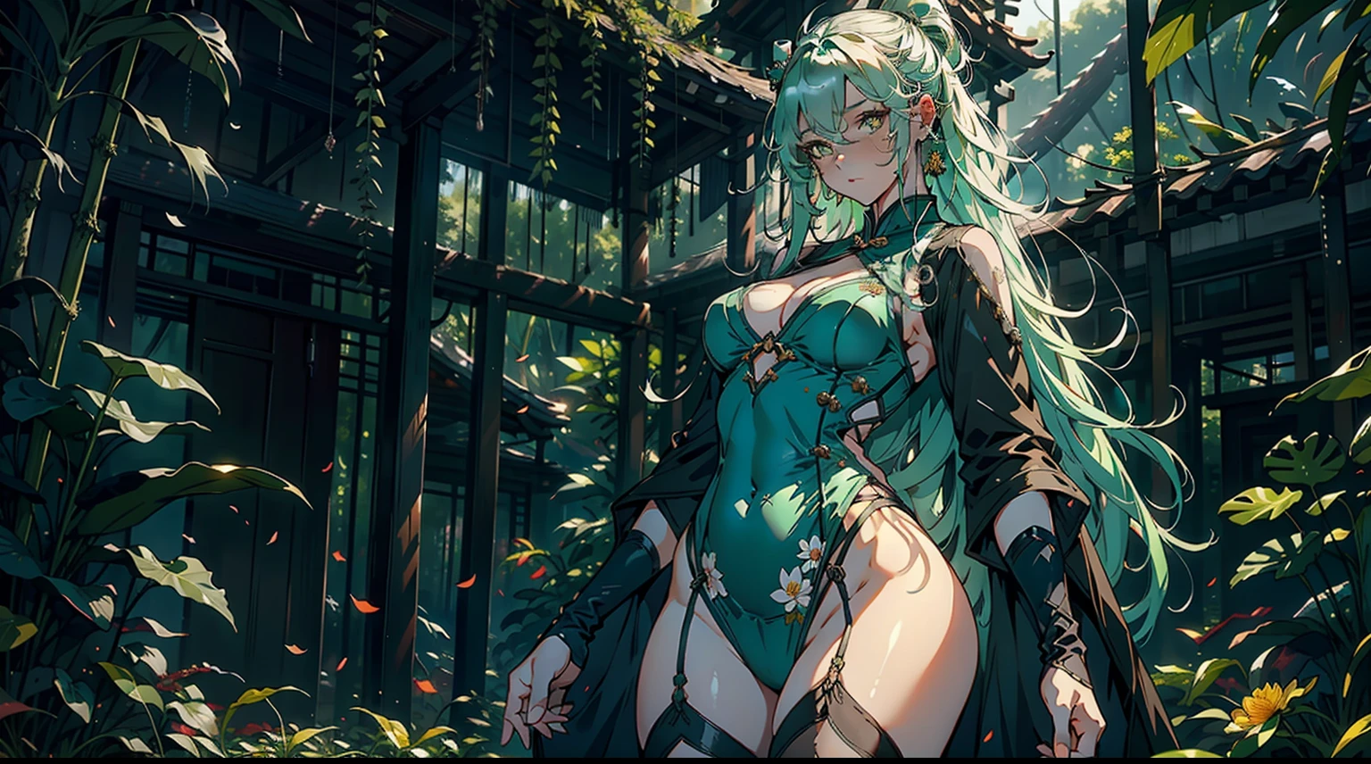 1female,25 yers old,A MILF,medium breast,独奏,(Background with:hospitals,the rainforest,lotus flower,Sateen) She has long green hair,bobo head,,seen from the front, standing in forest, mostly cloudy sky,(((tmasterpiece),(Very detailed CG unity 8K wallpaper),best qualtiy,cinmatic lighting,detailed back ground,beatiful detailed eyes,Bright pupils,yellow eyes,Snow-whiteskin,(Very fine and beautiful),(Beautiful and detailed eye description),ultra - detailed,tmasterpiece,))facing at camera,A high resolution,ultra - detailed),extremely large bosom,A sagging breast,revealing breasts,Bare genitalia, Bulge,legs are open,Raised sexy,,Flushed complexion,Desire for dissatisfaction,frontage,(Wearing: Green cheongsam, pantyhose, long gloves)