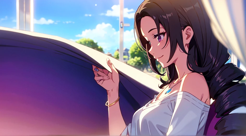 Masterpiece, One young lady (solo), very long wavy curly brown hair, parted hair and forehead show, Have twin drills sidebangs. Have purple eyes. With purple eyeshadow. Smiling and blushing. She wear off shoulder white blouse. (Silver crescent moon necklace) . Close up view. Window. Blue sky.