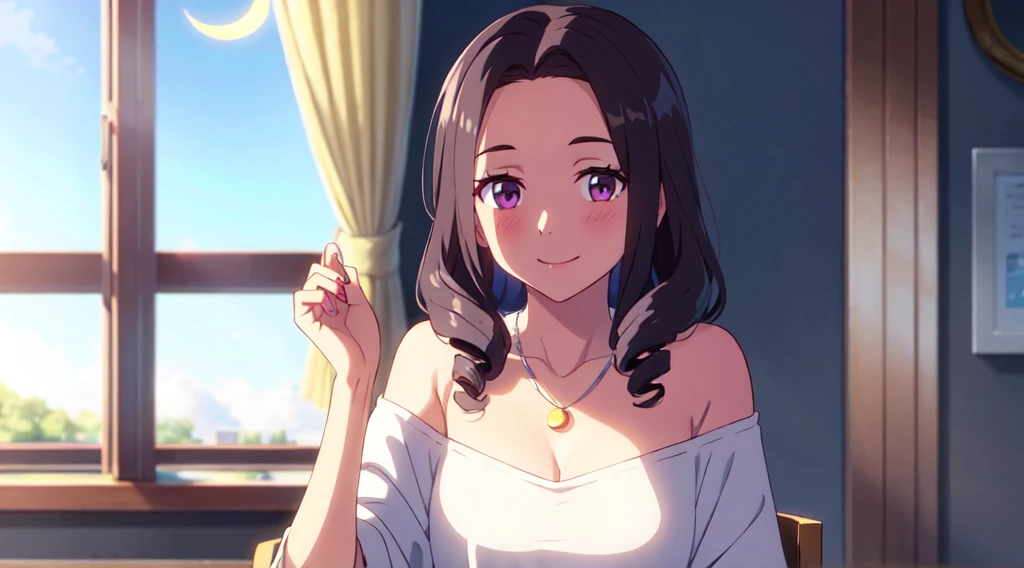 Masterpiece, 1 lady (solo), very long wavy curly brown hair, parted hair and forehead show, Have twin drills sidebangs. Have purple eyes. With purple eyeshadow. Smiling and blushing. Wear off shoulder white blouse. large breast. Wearing Silver crescent necklace . Window. Blue sky. Close up.