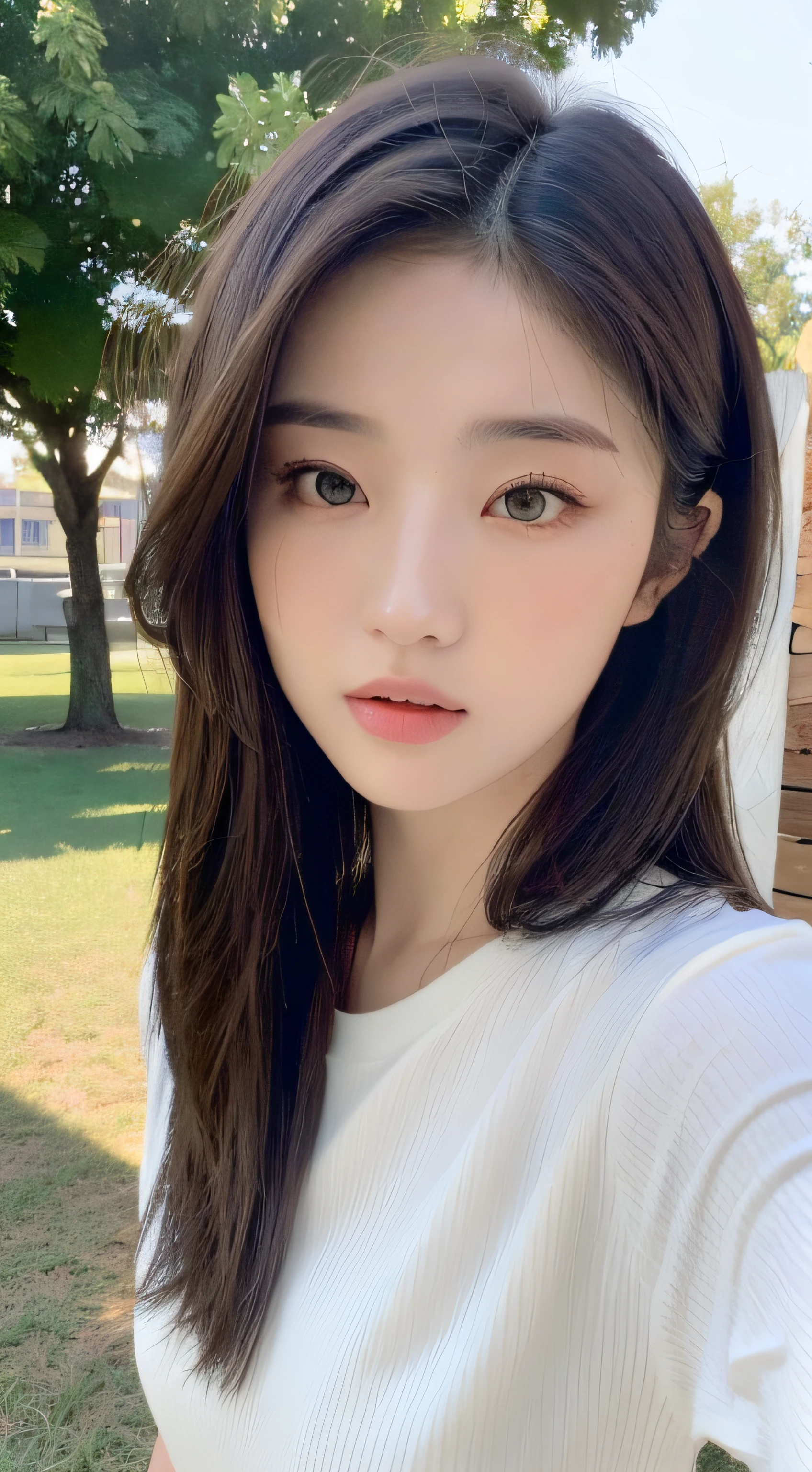 Un primer plano de una mujer con cabello largo y una camisa blanca, maquillaje popular de Corea del Sur, Joven y adorable rostro coreano, Beautiful aesthetic face, con cara redonda, chica linda-fina-cara, Wan adorable cara coreana, maquillaje coreano popular, Linda cara de anime natural, ulzzang, Chica coreana, south east asian con cara redonda, Peinado blanco de corte hime en un paisaje bonito