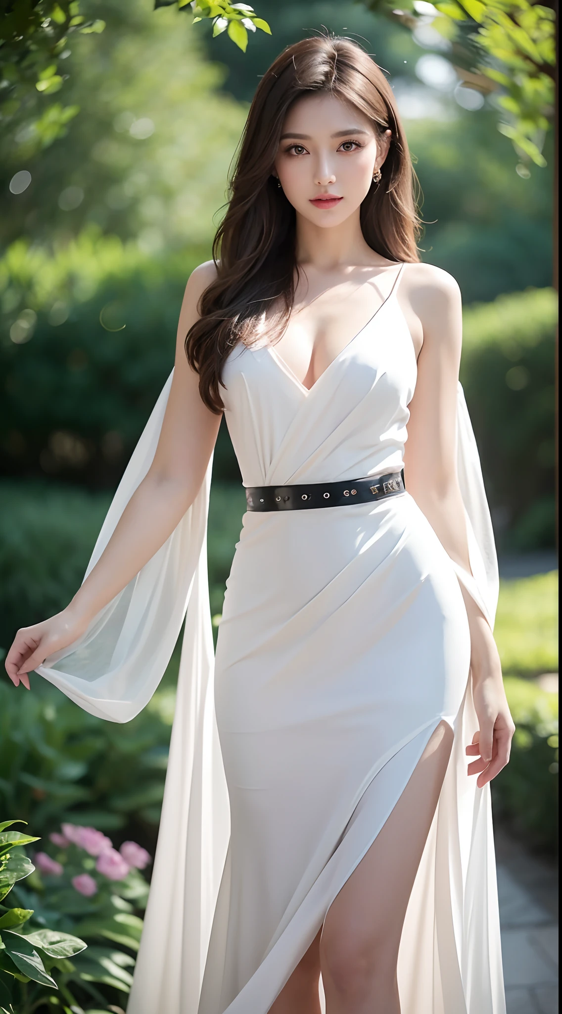 "Generate a high-quality image featuring a brunette woman with a darker hair tone, adorned in an elegant white dress cinched with a belt that accentuates her slender waist. The impeccable application of her makeup should highlight her features, contributing to an overall glamorous and sensual appearance. Carefully arrange the lighting to play with shadows and highlights, adding depth and sophistication to the composition. The woman, posing in a way that exudes feminine allure, should be the focal point, with the background artistically blurred using techniques like soft bokeh. Employ a skillful use of camera effects and a refined color palette to create an aesthetically pleasing and sensually captivating image."