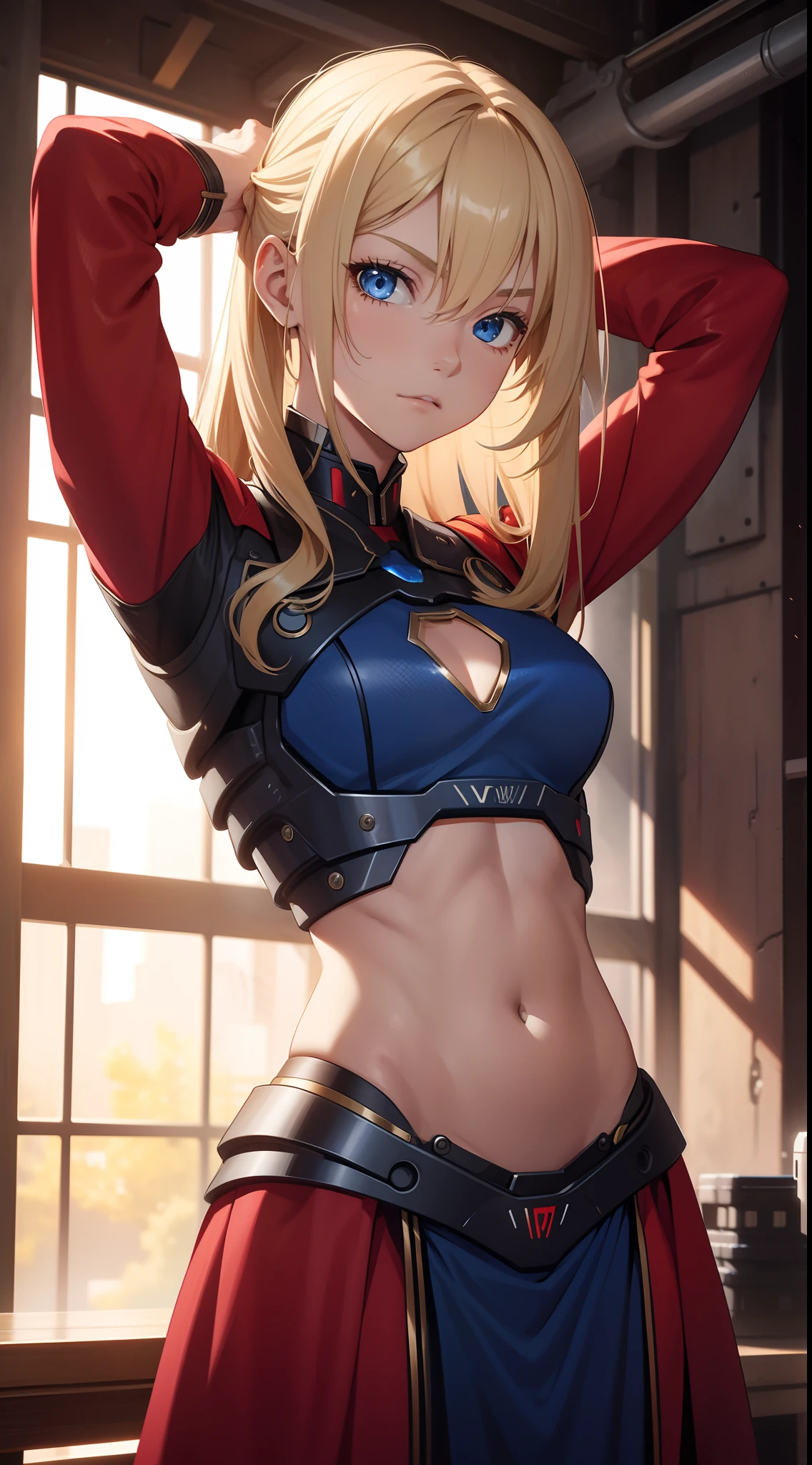 young boy, long blonde hair, blue eyes, A cyborg, bodyarmor, open belly, Red dress, hands behind head, Masterpiece, hiquality, 4k, HD, Good detail