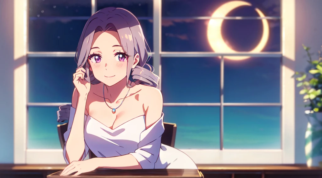 Masterpiece, 1 lady (solo), very long wavy curly brown hair, parted hair and forehead show, Have twin drills sidebangs. Have purple eyes. With purple eyeshadow. Smiling and blushing. She wear off shoulder white blouse. medium breast. (Silver crescent moon necklace) . Window. Blue sky. Close up.