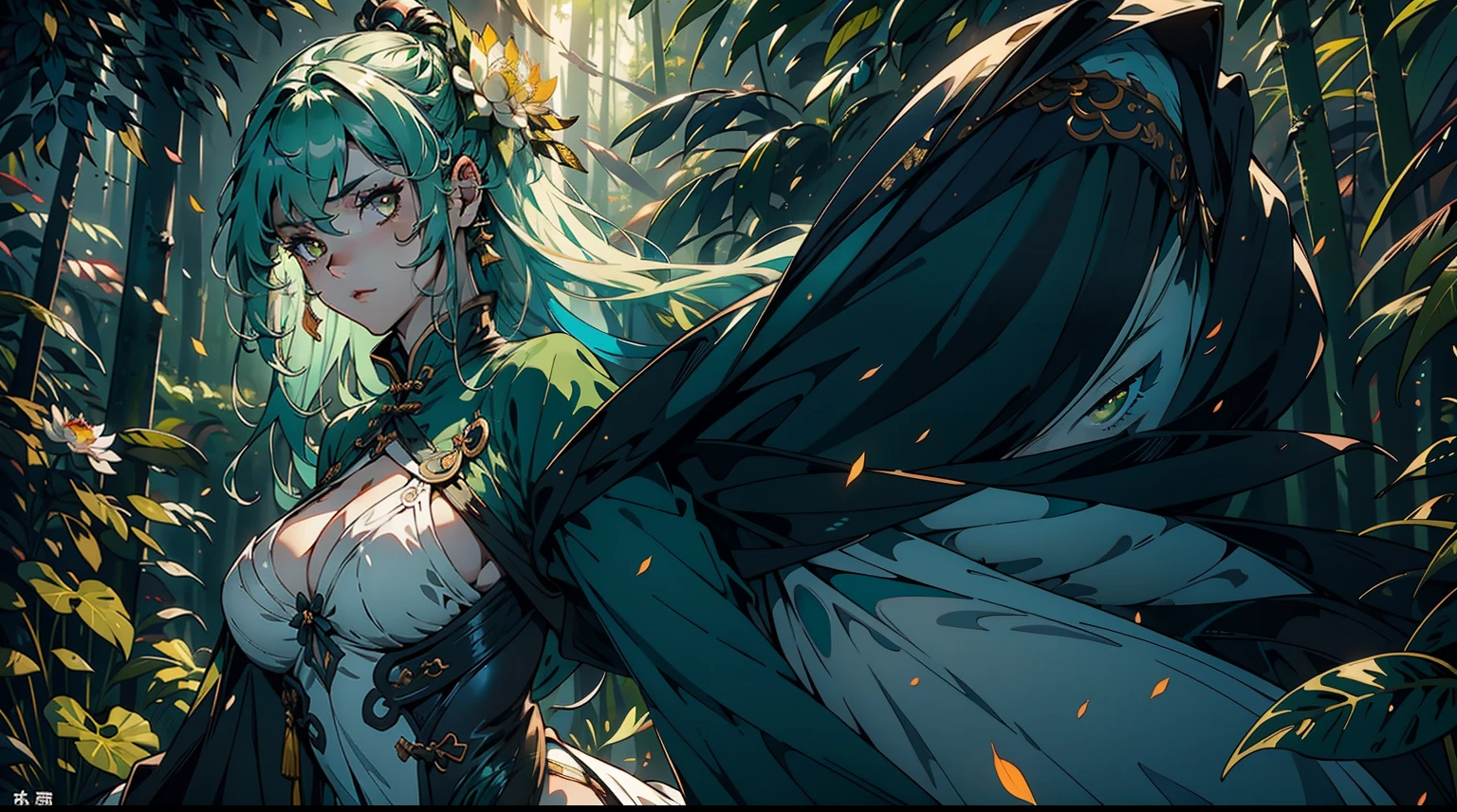 1female,25 yers old,A MILF,medium breast,独奏,(Background with:hospitals,the rainforest,lotus flower,Sateen) She has long green hair,bobo head,,seen from the front, standing in forest, mostly cloudy sky,(((tmasterpiece),(Very detailed CG unity 8K wallpaper),best qualtiy,cinmatic lighting,detailed back ground,beatiful detailed eyes,Bright pupils,yellow eyes,Snow-whiteskin,(Very fine and beautiful),(Beautiful and detailed eye description),ultra - detailed,tmasterpiece,))facing at camera,A high resolution,ultra - detailed),extremely large bosom,A sagging breast,revealing breasts,Bare genitalia, Bulge,legs are open,Raised sexy,,Flushed complexion,Desire for dissatisfaction,frontage,(Wearing: Green cheongsam, pantyhose, long gloves)