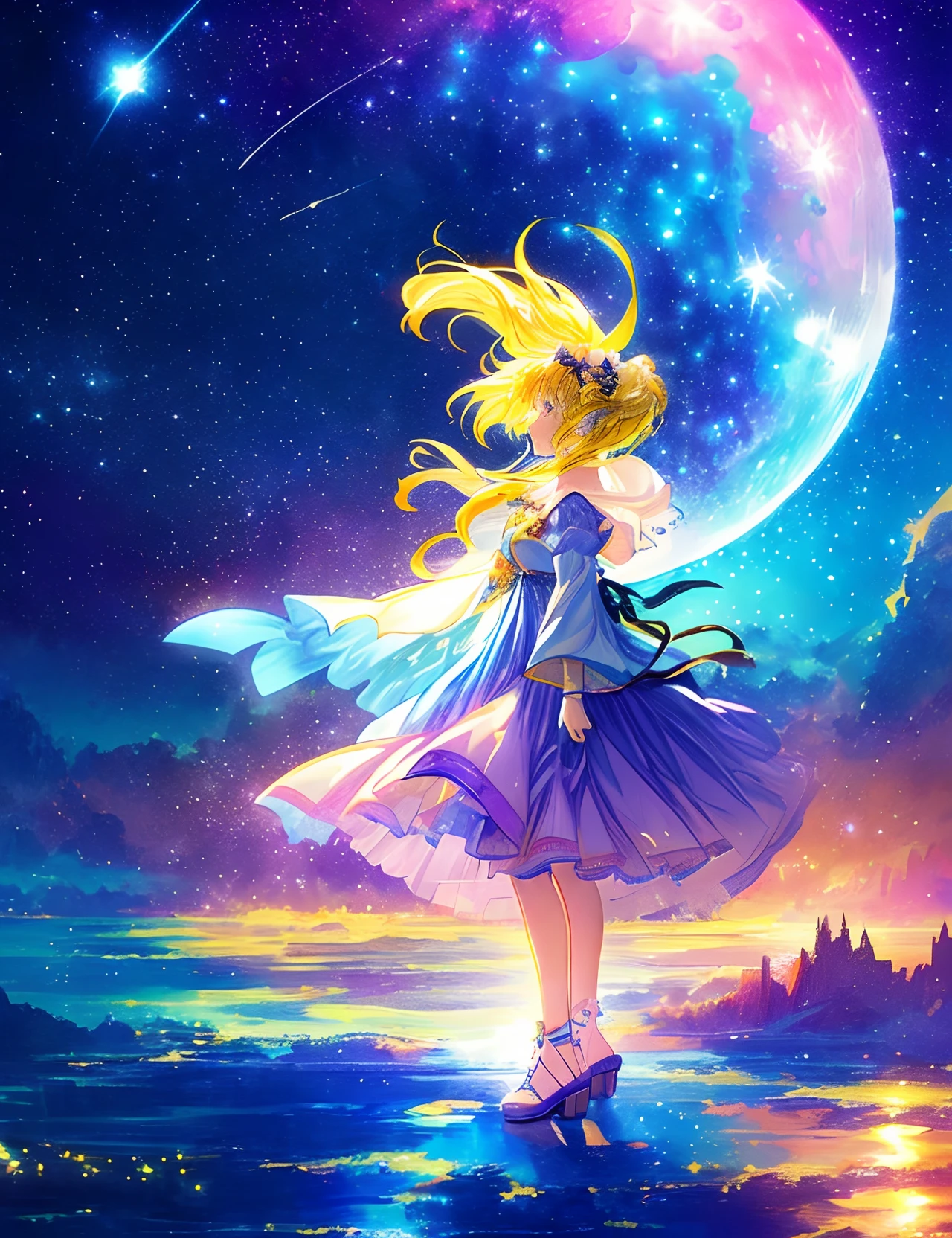 ((Supergiant pale yellow moon))((A girl who looks up at her profile and is subjectively depicted))、((Crying girl))、Profile Girls、On a multicolored background、River painting with stars and moon in rainbow sky、Shining skyscrapers、Shine across the board、Concept art inspired by Mitsuoki Tosa、pixiv contest winners、top-quality、Fantasyart、beautiful anime scene、Bright moon、Moonlit star environment、Dream painting、Anime Background Art、Fantasy landscape art、fantasy knight、anime backgrounds、background artwork、Fantastic art、atmospheric anime、starrysky、Detail has been enhanced。
