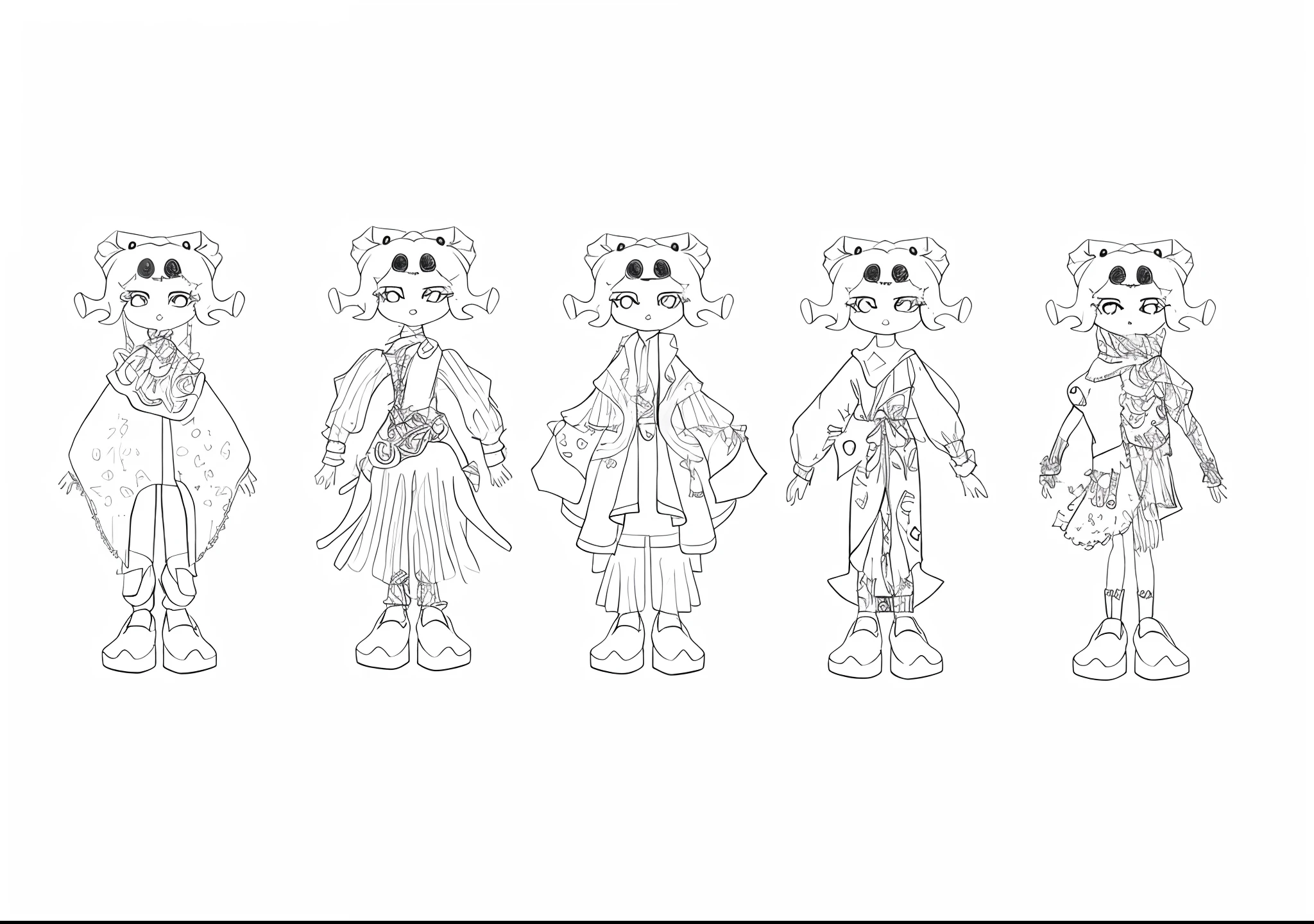 A black and white rendering of knitted children's clothing，The first child on the left wears a knitted cape，There is a three-dimensional cut-and-sew pattern around the neckband，The second child on the left wears a woolen dress with tulle puffed sleeves on the sleeves，The skirt is a knitted strap with a sense of line，Wear it with a day leggings underneath to show your ankles，The child in the middle wears a woolen coat with cut-outs on both sides of the sleeves，The inside panels reveal a printed fold-over denim sleeve，The pants are pleated pants。The fourth child on the left wears a denim trench coat，The collar is a unilateral lapel, spliced with a pointed streamer, and the end is designed with a circle to echo the large lapel，There are two symmetrical three-dimensional pockets。The fifth set of children's knitted tops and vests with thick pin sleeves，Thick needle scarf，Asymmetric knit shorts have pearl threads in the plush on one side。The children all wore the same hats on their heads，Wear the same shoes。Sketch of a group of children dressed in different costumes, clothing design, Detailed character design, costume desig, clothing design, full character design, new costume concept design, Stylized character design, character concept design, clothing concept, clear outfit design, Character design, character design concept, clothing design, Character design concept art, Full body character design, full character concept art。