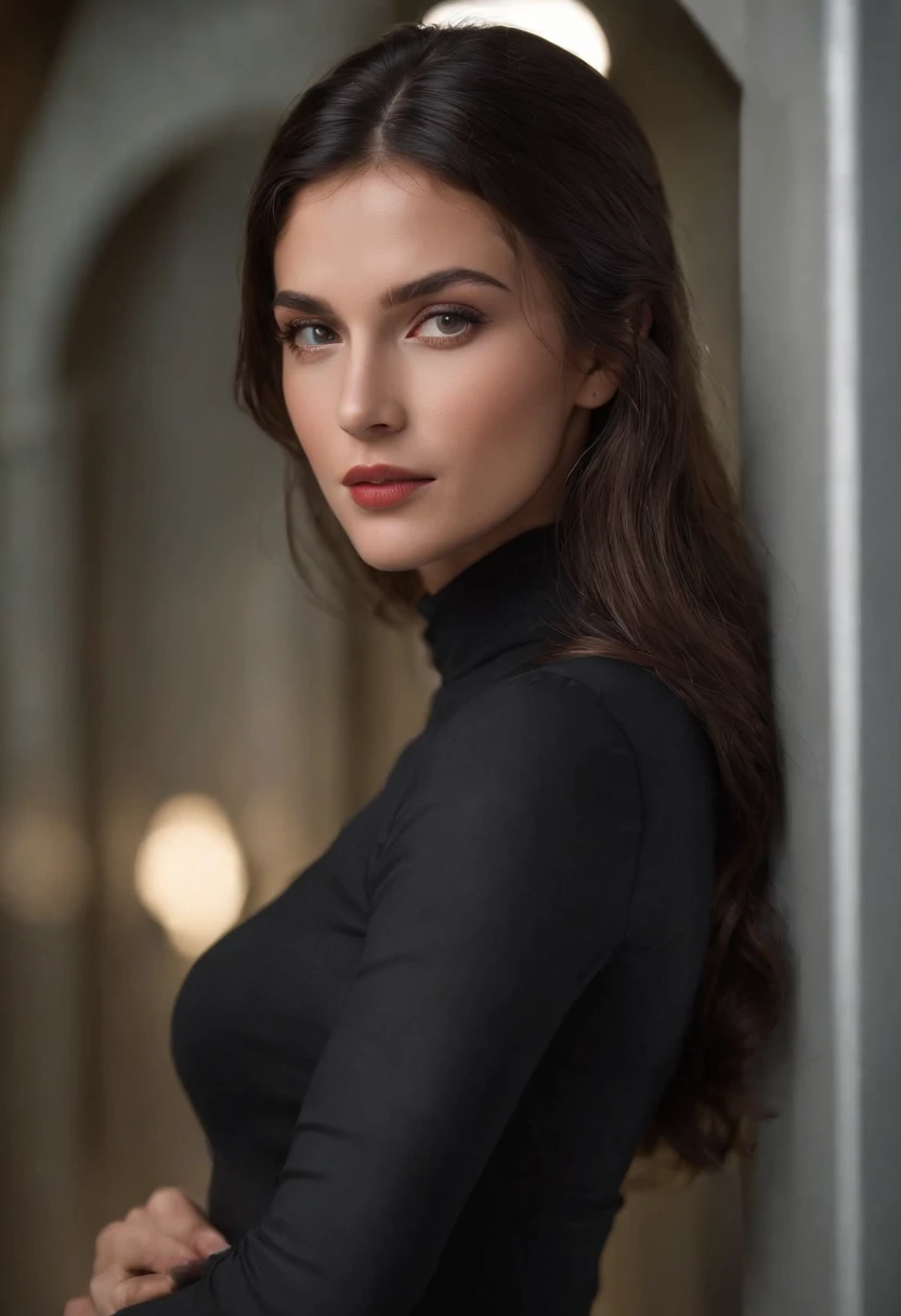 emilisia gomezi, tall, gorgeous, spanish descent, age 23, smooth skin, black hair. red color turtle neck, black fitting pants, simple silver necklace, working at the underground base, highly detailed, well lit, 8k, reviewing artifacts, holding a long whip. amazing detail,