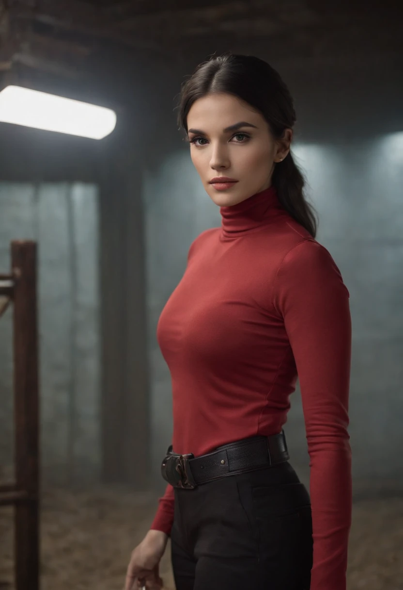 emilisia gomezi, tall, gorgeous, spanish descent, age 23, smooth skin, black hair. red color turtle neck, black fitting pants, simple silver necklace, working at the underground base, highly detailed, well lit, 8k, reviewing artifacts, holding a long whip. amazing detail,