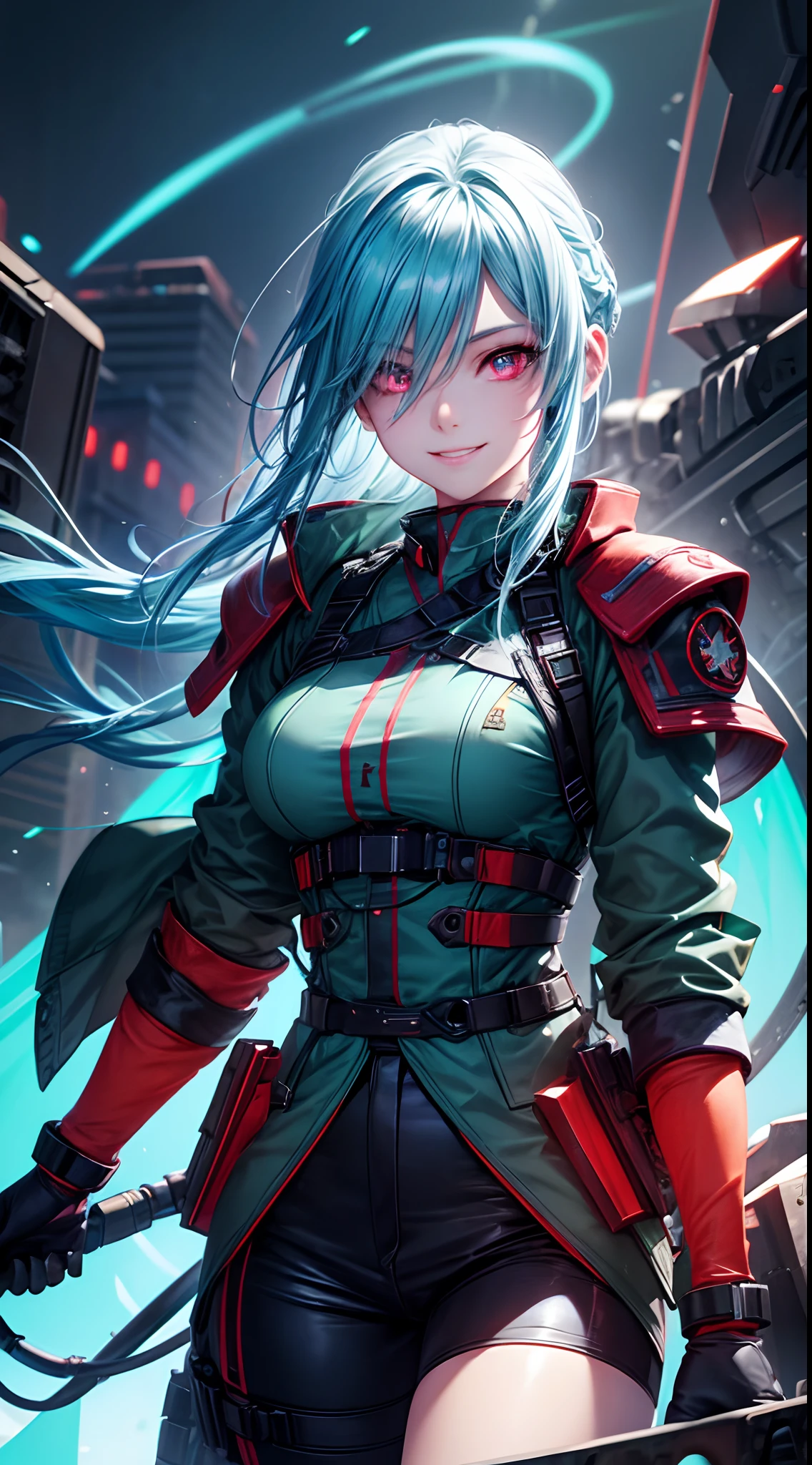 Young Female, Light Blue Hair, Neon Glowing Red Eye, Mechanical Wing, Dark Green Military Coat, Military Theme, Happy Emotion mood, Smile, Portait, 3D, Realistic, HDR, HD, Background, RTX, 2K, Masterpiece.