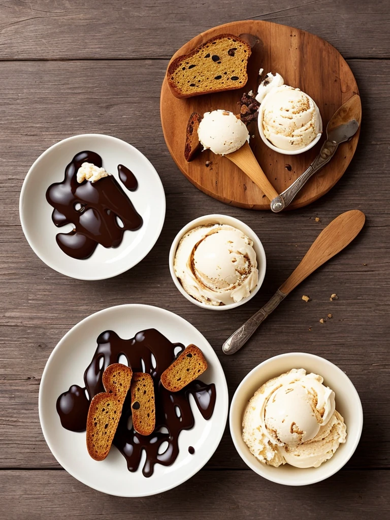 Masterpiece, a bowl of vanilla ice cream topped with melted chocolate, a slice of savory garlic bread. Serve separately on a wooden table, photorealistic style