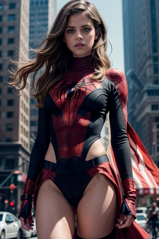 Lyndsy Fonseca、Sticking out the navel、newyork、She wears a torn Spider-Man suit,wearing skirt、 Red and black color scheme,Dynamic、​masterpiece、top-quality、ultra-detailliert、ighly detailed、beautiful detailed brilliance、超A high resolution