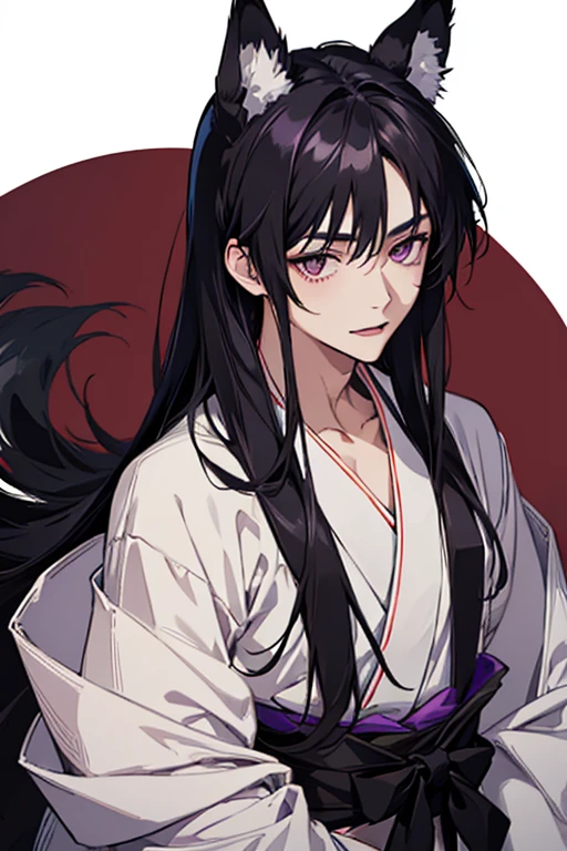 masterpiece, best quality, young japanese man posing for a portrait, 1boy, male focus, solo, kitsune, fangs, pale skin, violet eyes, tsurime, hime cut, straight hair, black hair, long hair, kemonomimi, animal ears, black fox ears, japanese clothes, kimono, upper body, looking at viewer, edo period, feminine face, feminine body, flat chest, mischievous, smile