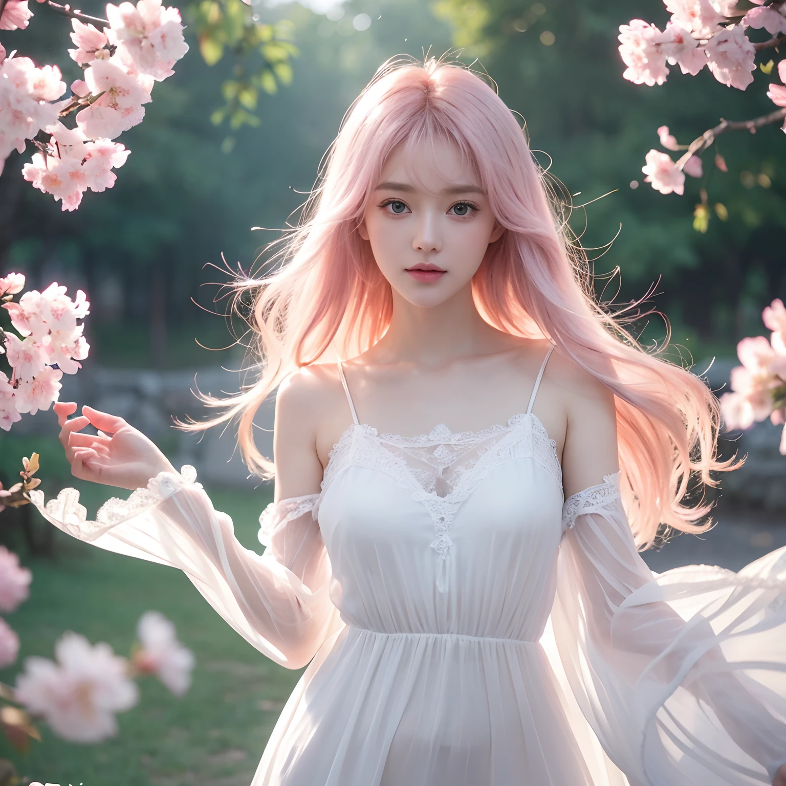 (CG Unity 8k wallpapers are very detailed) (Better quality) (better lighting) (An extremely delicate and beautiful) (Floating) (Beautiful) (Spring atmosphere) (1girll) (Long pink hair), (shairband), (Delicate and beautiful blue eyes), ((Very short white dress, Pink lace underside), (Lace), ((Light transparent silk))), (Cherry blossom petal), (Butterflies), (degrees of freedom), (volumettic light) Cinematic lighting, color difference, Sony FE GM, Textured skin, High details, A high resolution, 8K