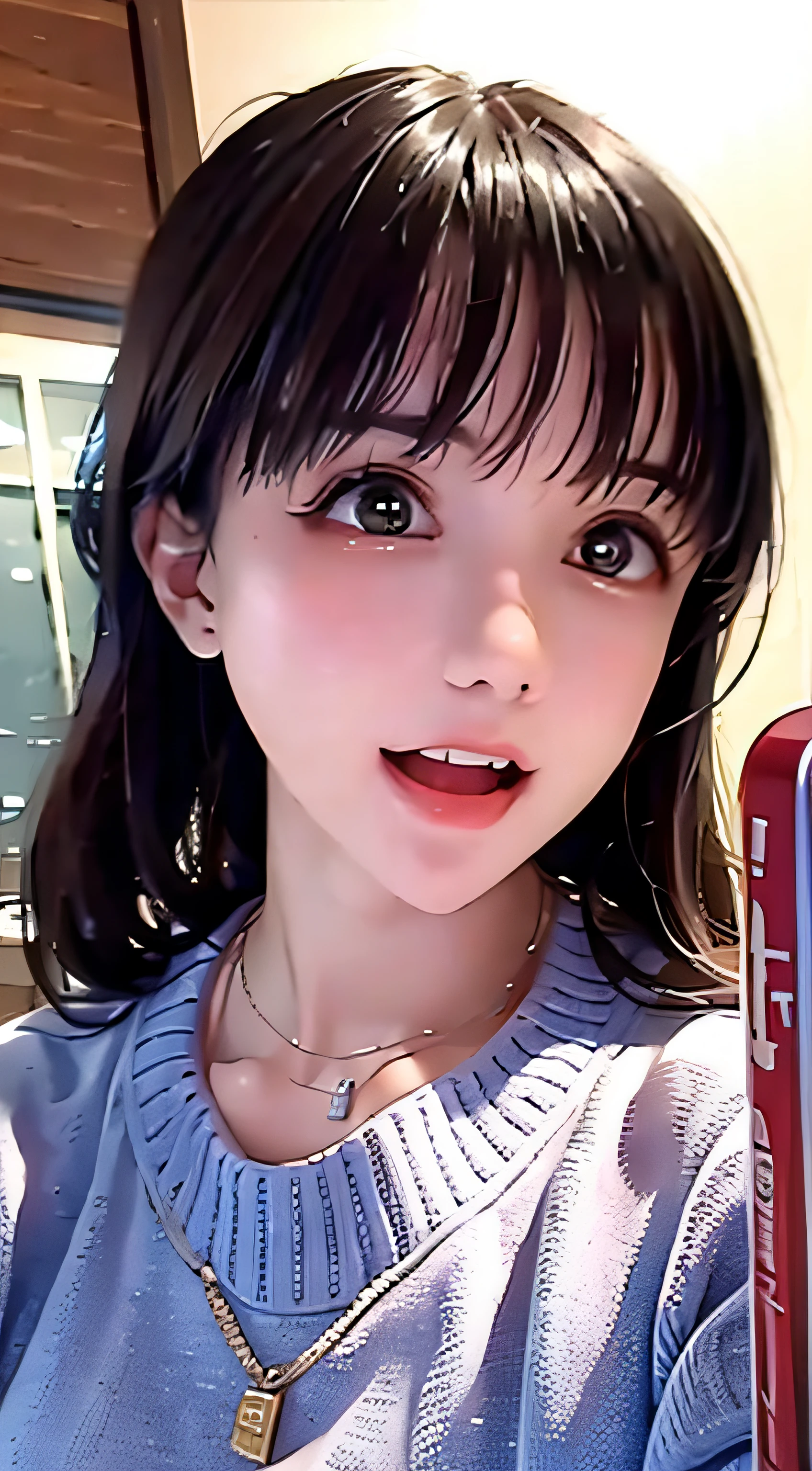 pastel colors colors t-shirt,off-shoulder look,bare shoulder,ollarbone,midriff peek,Tight denim mini skirt,(open mouth:1.5),(tongue out:2),lying,finger to chin,hand between legs,(overhead shot:2),front view,upper body,(1girl,Beautiful 14 year old girl,teenager),((Slender,Small breasts,Small face,)),(looking at viewer),Black Hair,bangs,one side up,Beautiful and detailed,Mischievous smile,(Dimly lit room:1.5),Black sofa,Black simple background,Pink low light