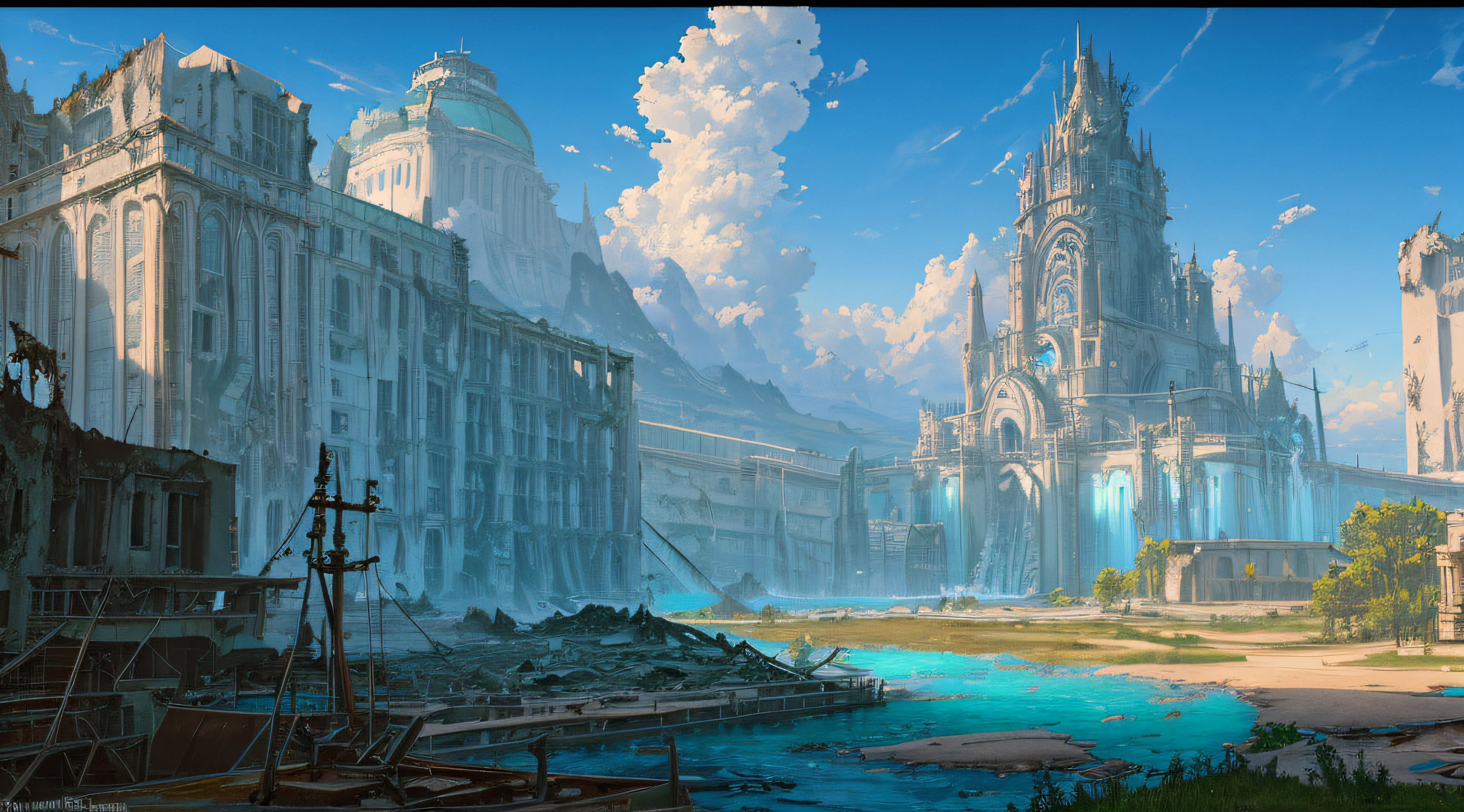 Masterpiece, high detail, 8K resolution, ConceptArt, scenery, water, sky, day, tree, cloud, waterfall, outdoors, (((ruined civilization buildings))), nature, river, blue sky, 1 man, backpack trousers, a wanderer