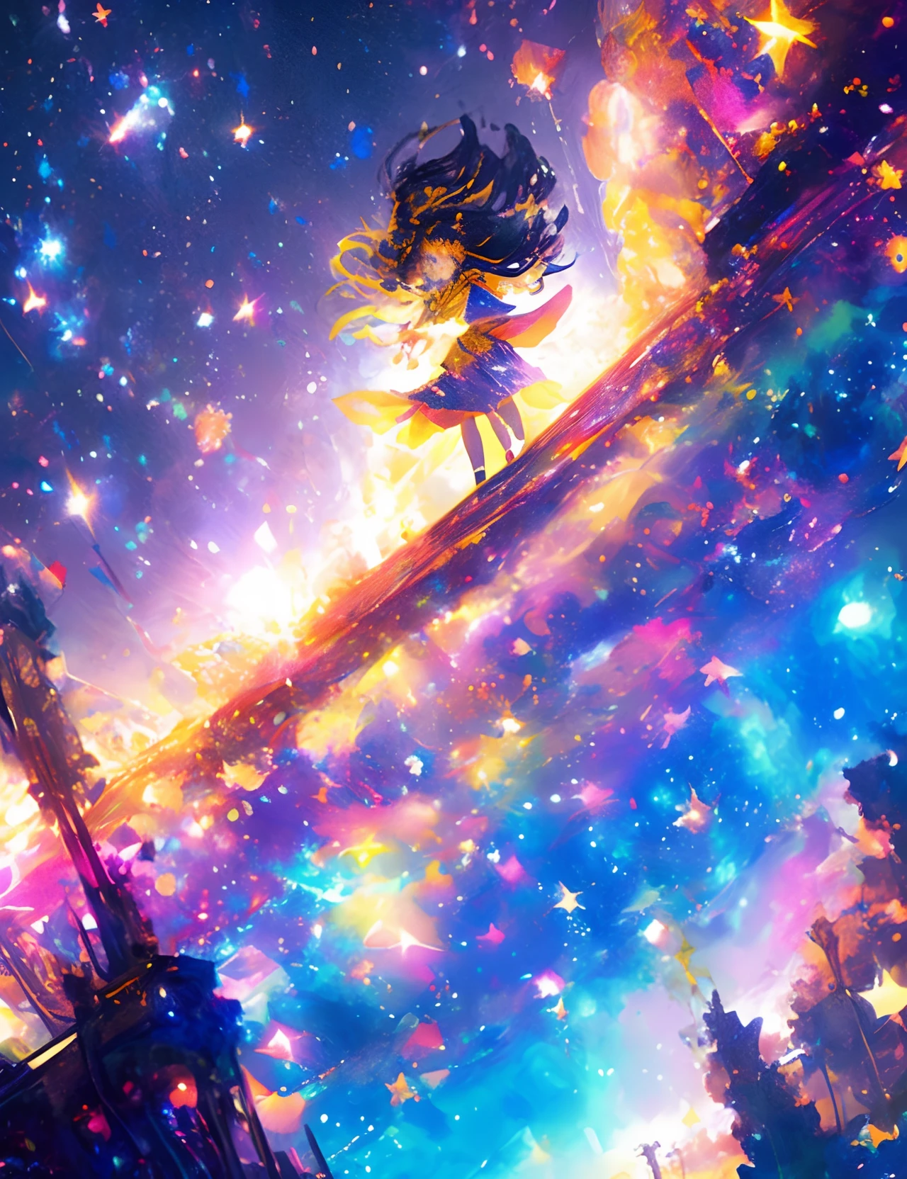 ((Supergiant pale yellow moon))((A girl who looks up at her profile and is subjectively depicted))、((Crying girl))、Profile Girls、On a multicolored background、River painting with stars and moon in rainbow sky、Shining skyscrapers、Shine across the board、Concept art inspired by Mitsuoki Tosa、pixiv contest winners、top-quality、Fantasyart、beautiful anime scene、Bright moon、Moonlit star environment、Dream painting、Anime Background Art、Fantasy landscape art、fantasy knight、anime backgrounds、background artwork、Fantastic art、atmospheric anime、starrysky、Detail has been enhanced。