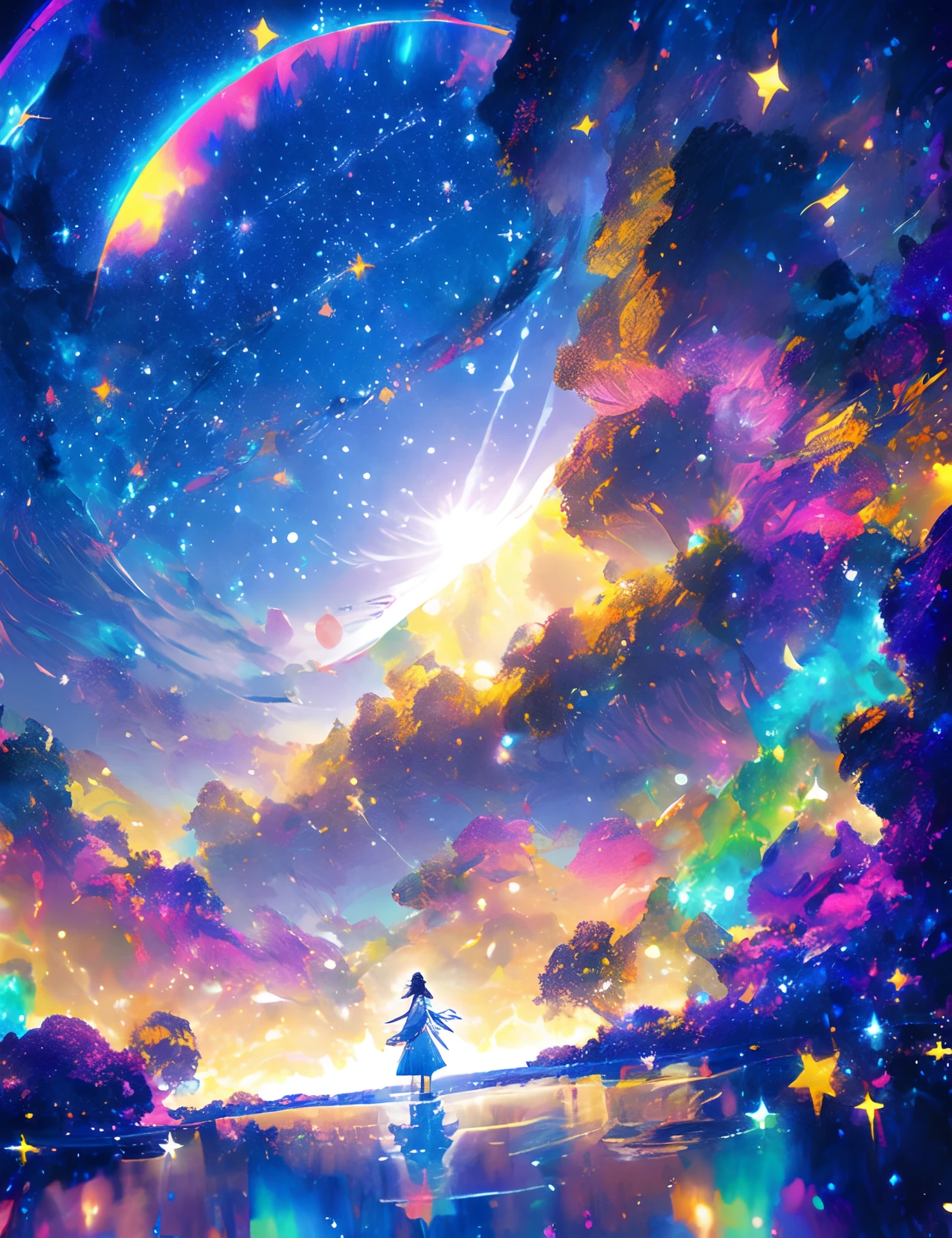 ((Supergiant pale yellow moon))((A girl who looks up at her profile and is subjectively depicted))、((Crying girl))、Profile Girls、On a multicolored background、River painting with stars and moon in rainbow sky、Shining skyscrapers、Shine across the board、Concept art inspired by Mitsuoki Tosa、pixiv contest winners、top-quality、Fantasyart、beautiful anime scene、Bright moon、Moonlit star environment、Dream painting、Anime Background Art、Fantasy landscape art、fantasy knight、anime backgrounds、background artwork、Fantastic art、atmospheric anime、starrysky、Detail has been enhanced。