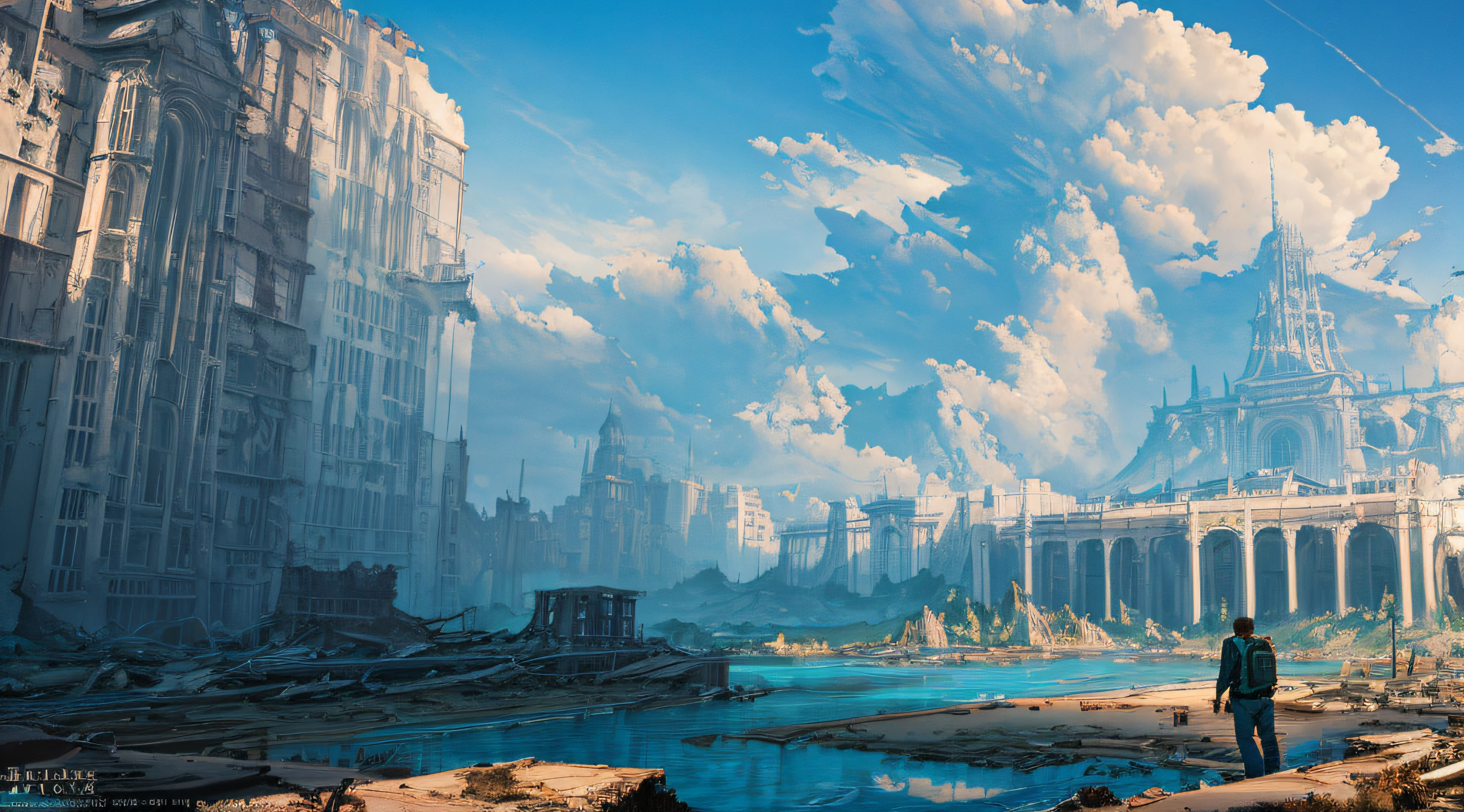 Masterpiece, high detail, 8K resolution, ConceptArt, scenery, water, sky, day, tree, cloud, waterfall, outdoors, (((ruined civilization buildings))), nature, river, blue sky, 1 man, backpack trousers, a wanderer