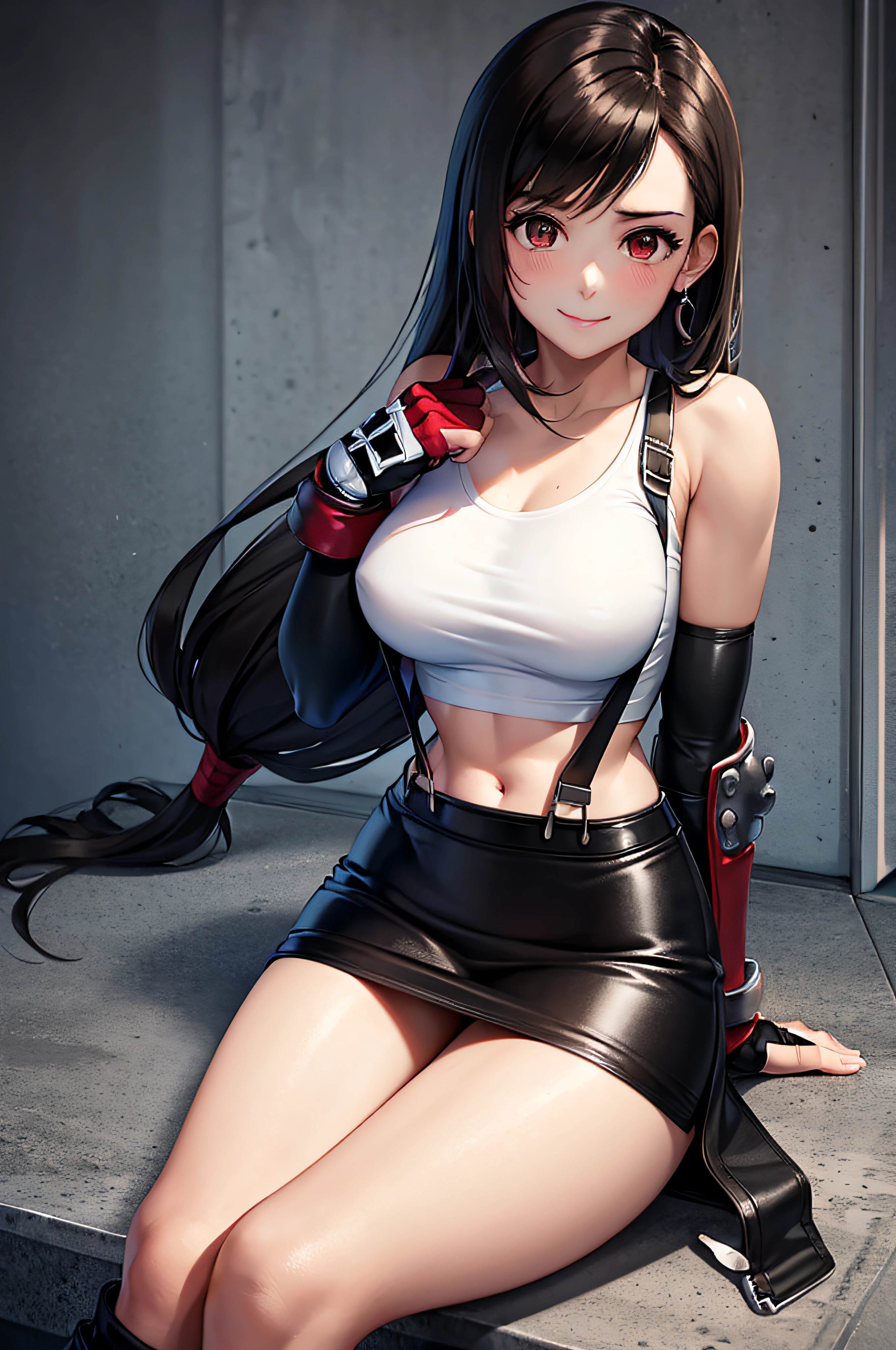 (masterpiece), best quality, expressive eyes, perfect face, 1 girl, solo, defTifa, white crop top, elbow pad, fingerless gloves, suspenders, pencil skirt, black socks, red boots, city, metallic city, night, smiling, crossed legs, posing, sitting, upper body, portrait, looking at the viewer,