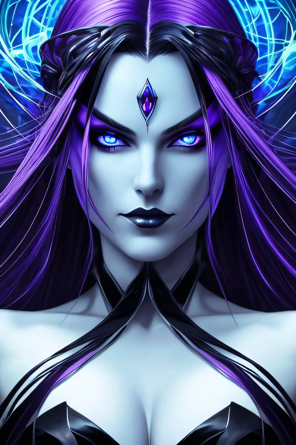 Powerful super villainess posing for a close up, goddess in black outfit (bare shoulders), long flowing purple hair, looking at viewer, highly detailed face, perfect hands, blue smoke swirling around her, loves being evil, mesmerizing blue eyes, dark fantasy, real, symmetrical, high detail, best quality