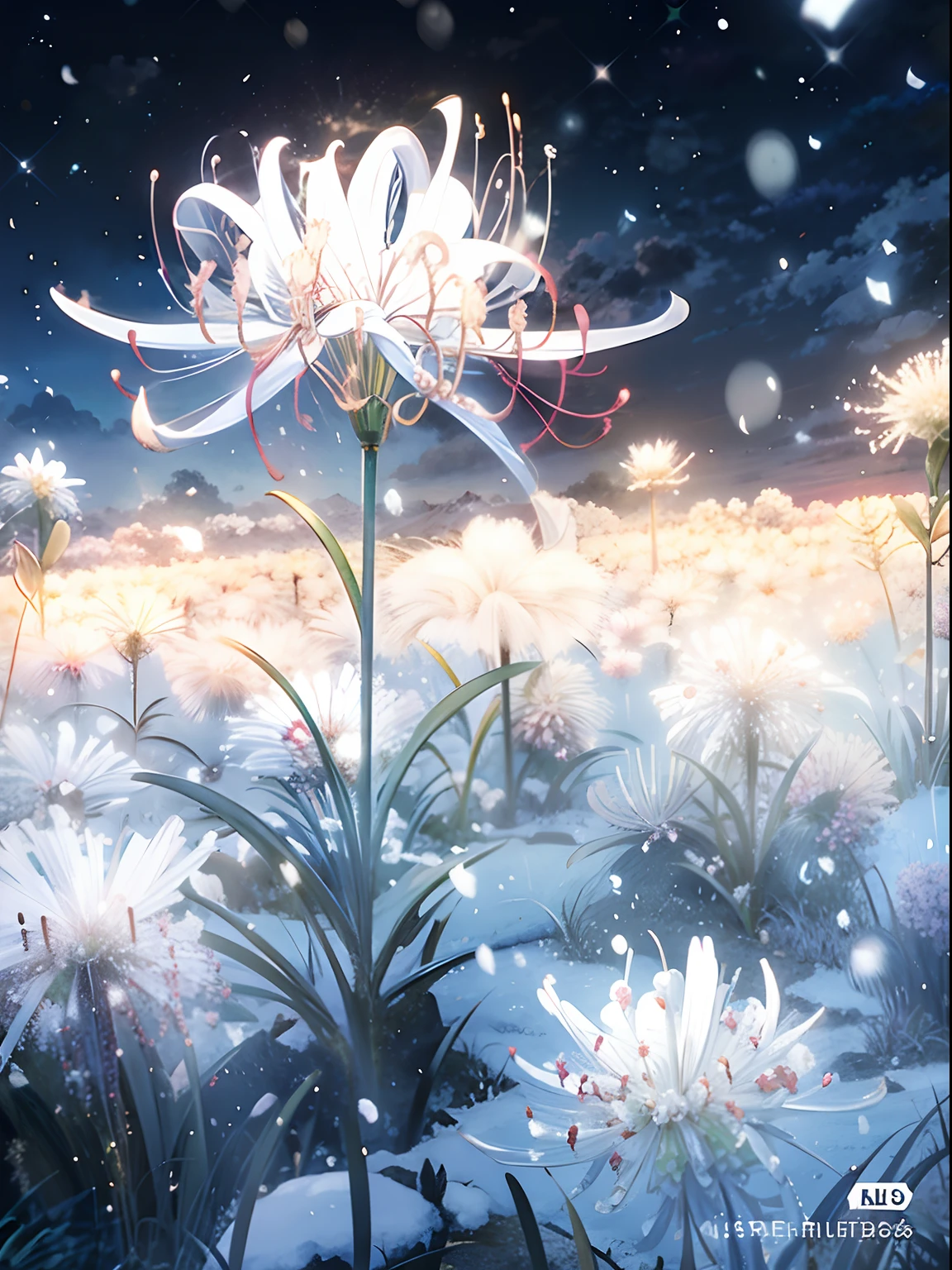 Anime wallpapers with flowers and snow in the background, bela cena de anime, anime bela cena de paz, nevado. por Makoto Shinkai, ( ( Makoto Shinkai ) ), magic flowers, Fundo do anime, studio glibly makoto shinkai, arte de fundo do anime, flores luminosas, !!Beautiful!!, beautiful depiction, flores surreais de waiizi, Beautiful!!, Kyoto Animation Still