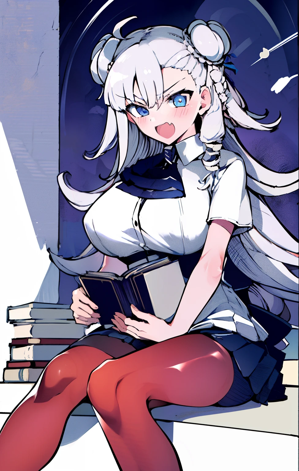 ((masterpiece, best quality, high resolution)),
Default, OfficialOutfit, 1girl, book, solo, sitting, book stack, open mouth, looking at viewer, breasts, open book, blush, Fujido Oriko, double bun, bun cover, blue eyes, blunt bangs, breasts, drill hair, fang, large breasts, long hair, light purple hair,