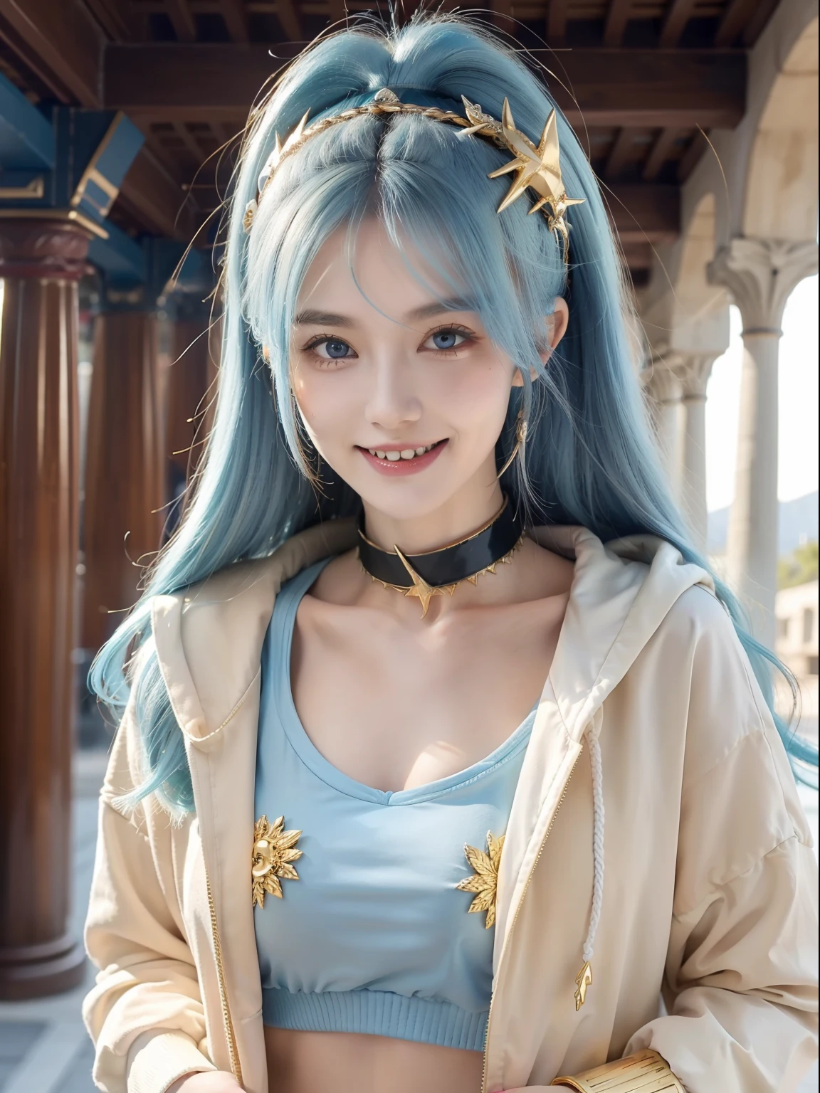 (Masterpiece, Best quality), Intricate details,, 1girll, Gura, multicolored hair, Blue eyes, shark hair ornament, golden hair accessory, gold choker, Gold bracelet, Sharp teeth, grin, Blue hoodie,, Greek clothes, peplos,