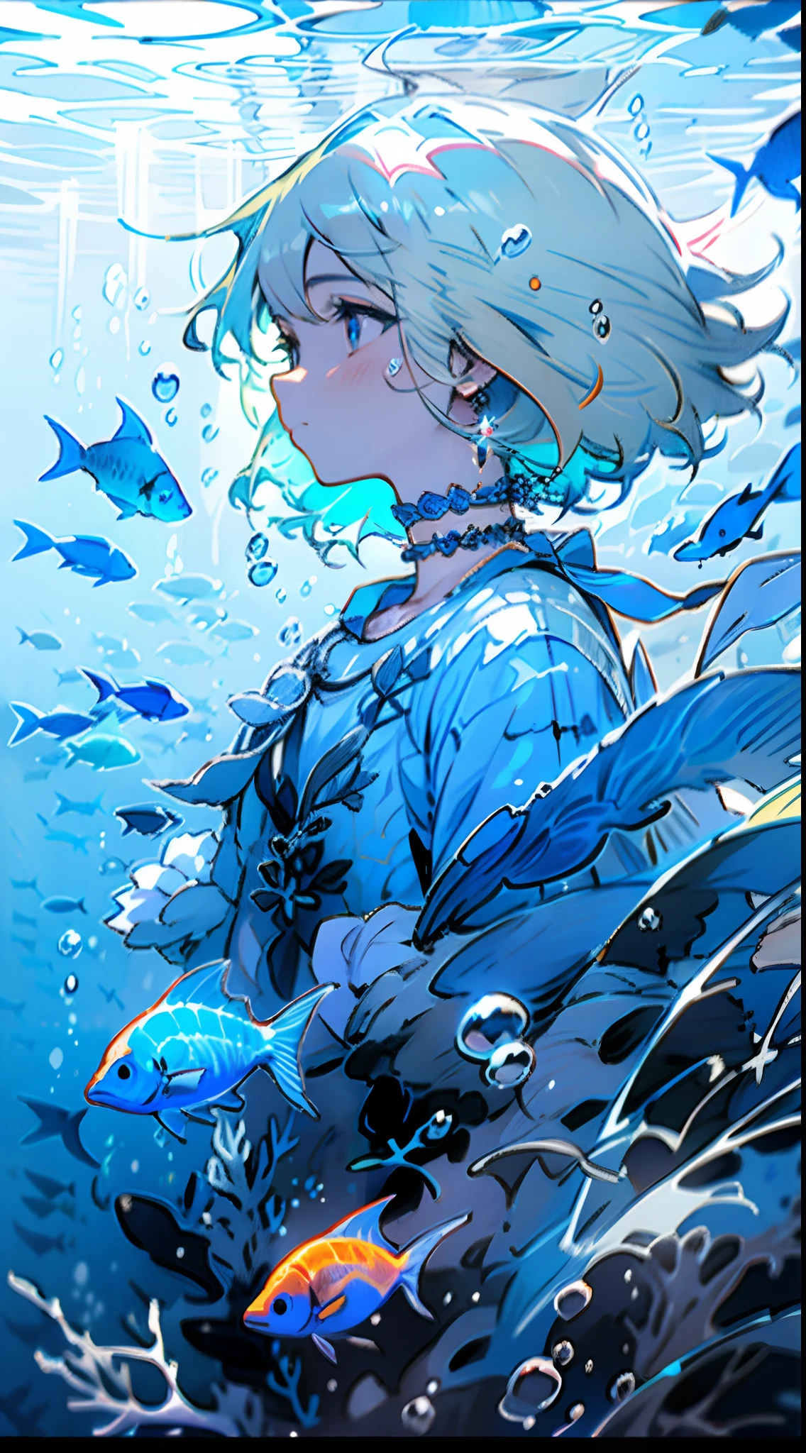 1girl, blue eyes, blue theme, fish, solo, jewelry, earrings, profile, bubble, choker, underwater, blue hair, short hair, blue choker, white hair, from side, air bubble, letterboxed, jellyfish, upper body, floating hair