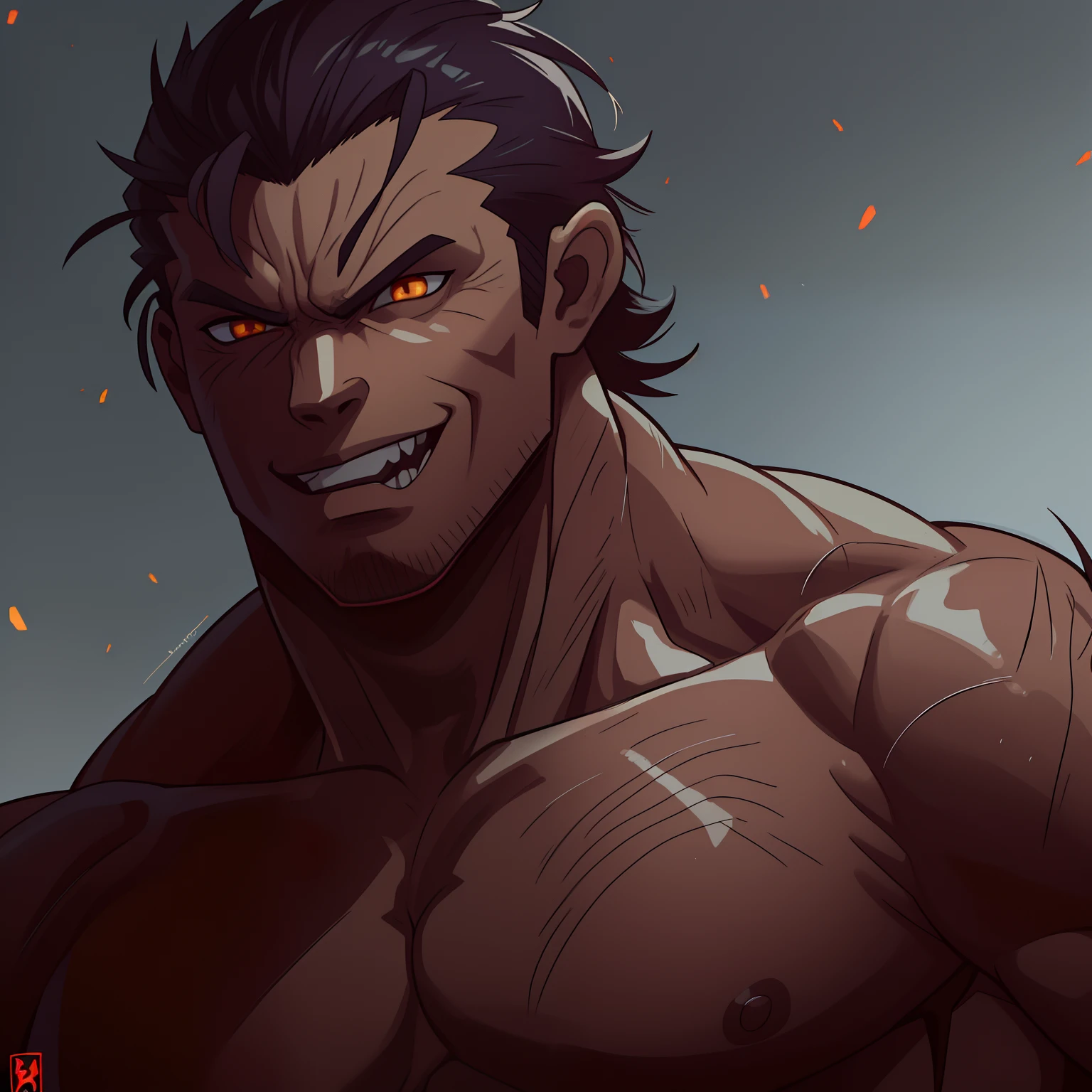 a close up of a cute anime man with a very big smile on his face, muscular and handsome but terrifying, berserker potrait, muscular, sexy male vampire of clan banu haqim, amazing portrait of viego, goro from mortal kombat, muscled humanoid balrog demon, muscular character, epic portrait of menacing, gangrel, by Zoltan Boros