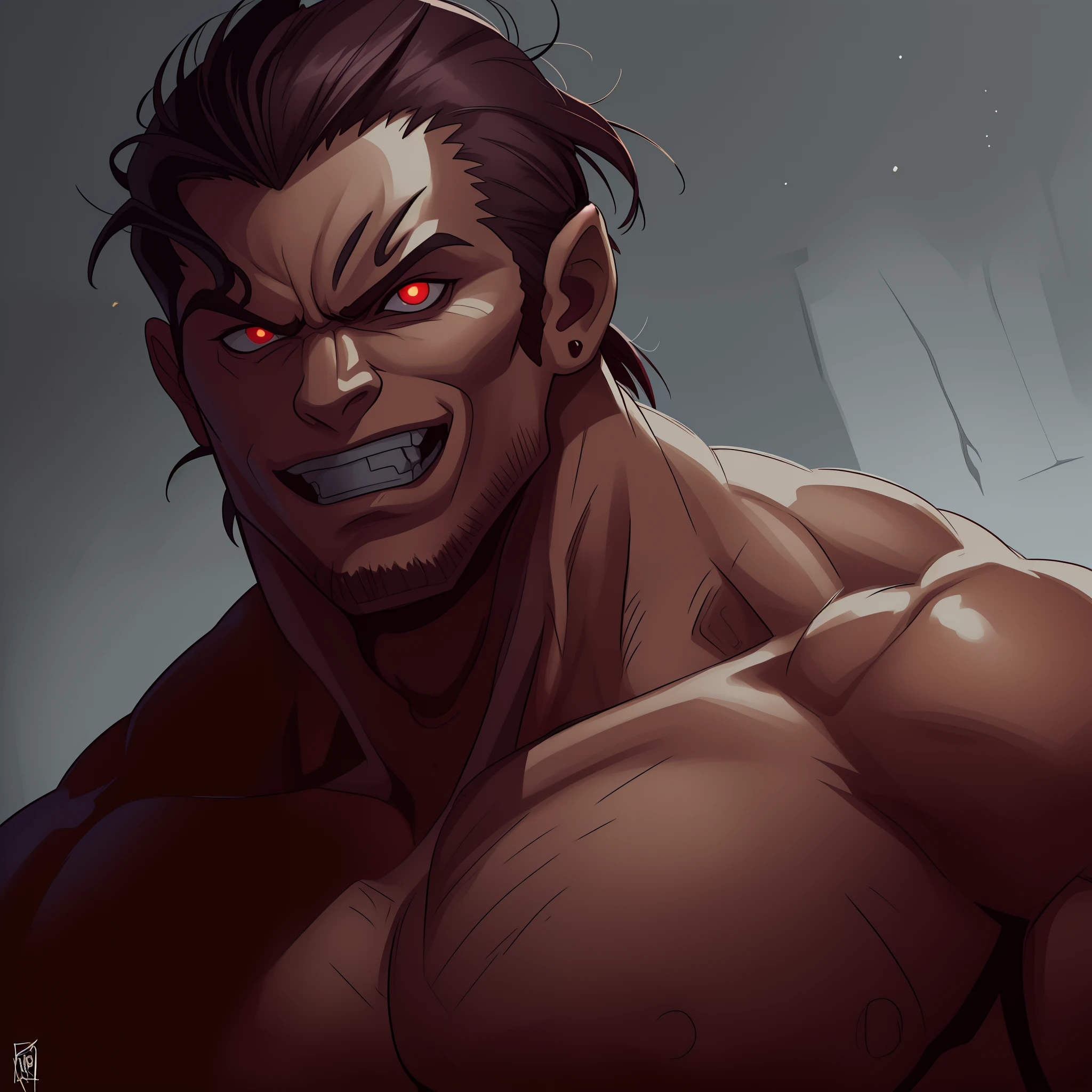 a close up of a cute anime man with a very big smile on his face, muscular and handsome but terrifying, berserker potrait, muscular, sexy male vampire of clan banu haqim, amazing portrait of viego, goro from mortal kombat, muscled humanoid balrog demon, muscular character, epic portrait of menacing, gangrel, by Zoltan Boros