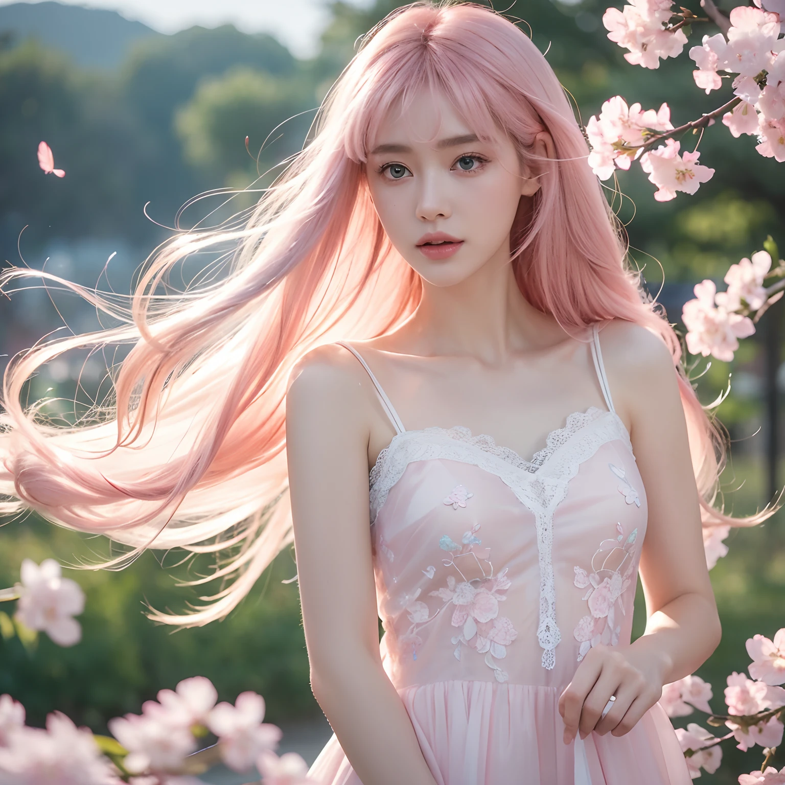(CG Unity 8k wallpapers are very detailed) (Better quality) (better lighting) (An extremely delicate and beautiful) (Floating) (Beautiful) (Spring atmosphere) (1girll) (Long pink hair), (shairband), (Delicate and beautiful blue eyes), ((Very short white dress, Pink lace underside), (Lace), ((Light transparent silk))), (Cherry blossom petal), (Butterflies), (degrees of freedom), (volumettic light) Cinematic lighting, color difference, Sony FE GM, Textured skin, High details, A high resolution, 8K