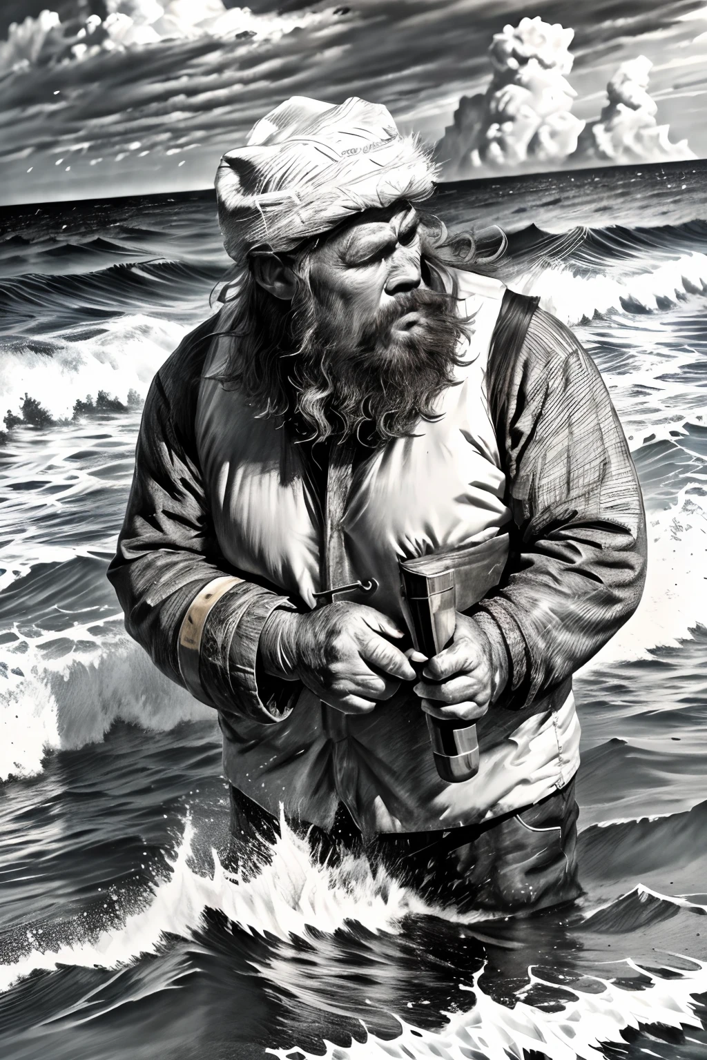 (best quality,4k,8k,highres,masterpiece:1.2),ultra-detailed,(realistic,photorealistic,photo-realistic:1.37),charcoal sketch,delicate details,old man,sea,wrinkles,fishing boat,distant horizon,saltwater scent,turbulent waves,ragged clothes,strong arms,tanned skin,deep wrinkles,weathered face,gripping the fishing rod, calm determination,rippling muscles,wisdom in his eyes,rough hands with calluses,squinting against the sun,grizzled beard,fisherman's hat,dried seaweed,weathered fishing net,salty breeze,shadow under his wide-brimmed hat,spray of saltwater on his face,distant seagulls,craggy cliff,rocks jutting out of the water,sound of crashing waves,solemn expression,rough sea,effortlessly casting the line,sole figure on the shore,struggling against the mighty ocean,contrast between the old man and the immense sea,loneliness,perseverance in the face of adversity,years of experience,desolate beauty,worn-out fishing boat,typical rustic coastal village,peaceful solitude,fading light,blazing sunset over the horizon,colored sky,gentle touch of twilight,subtle play of light and shadow,deep connection with nature,majestic power of the ocean,wisdom gained through a lifetime of struggle,endless expanse of the sea,streaks of gray hair,cracked and weathered wooden boat,fishing gear piled up in the boat,engrossed in the rhythmic swaying of the waves,roaring of the ocean,storm approaching in the distance,rippling reflections on the water's surface,determination to conquer the sea.
