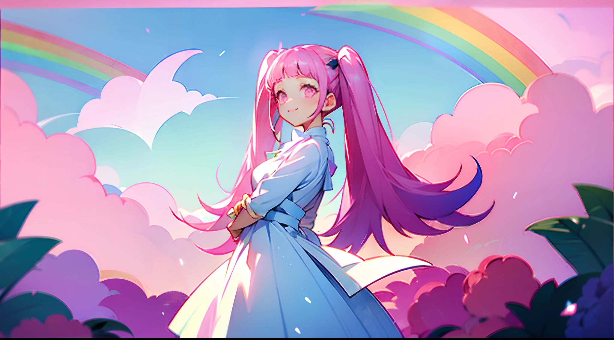 A pink-haired、Very long twin tails、Pink eyes、White dress、Clothes are sheer、Under the sun、Contre-Jour、A slight smil、Looking here、Hands behind your back、blue-sky、suns、​​clouds、rainbows、Green Hill、Hair is fluttering in the wind、Colorful flowers on the background