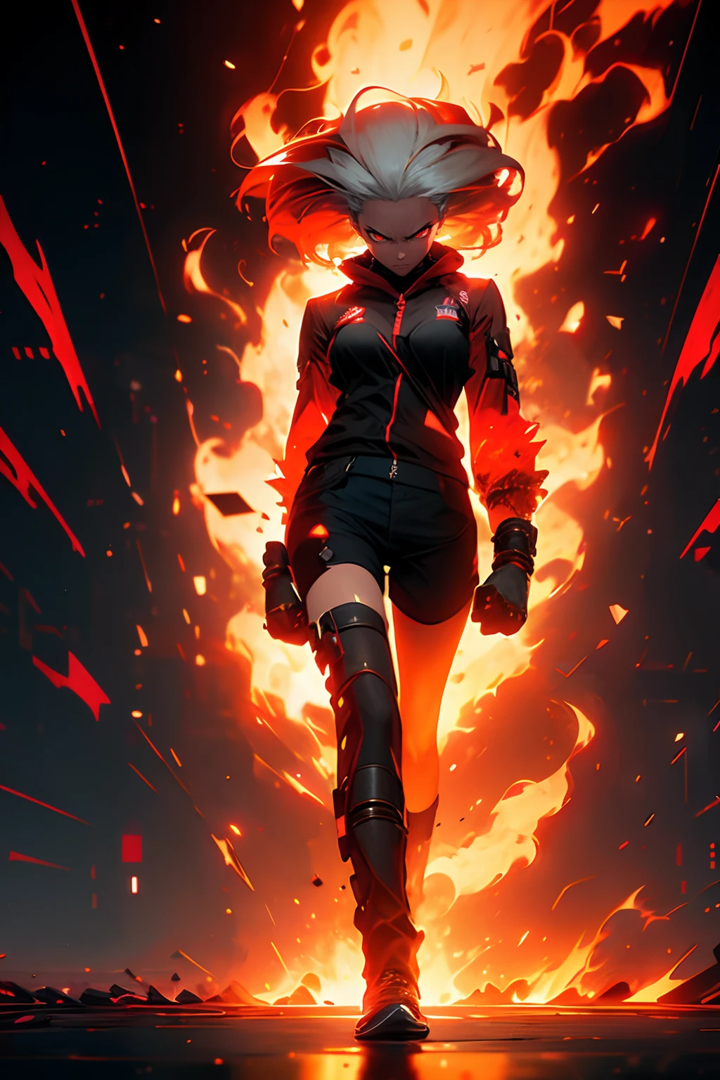 Girl, white hair, angry look, angry, red and black aura, black forest, black and red background, medium Shorts, full body, breasts size : 0.1, black and red focus, 128K Ultra High Definition, 128K Ultra High Quality, 128K Ultra High Resolution, Best Definition, Best Quality, Best Resolution, Perfectly Detailed, Perfectly Designed, Extremely Detailed, Extremely Designed, Hyper Detailed, Hyper Definition, Hyper Quality..., r1ge