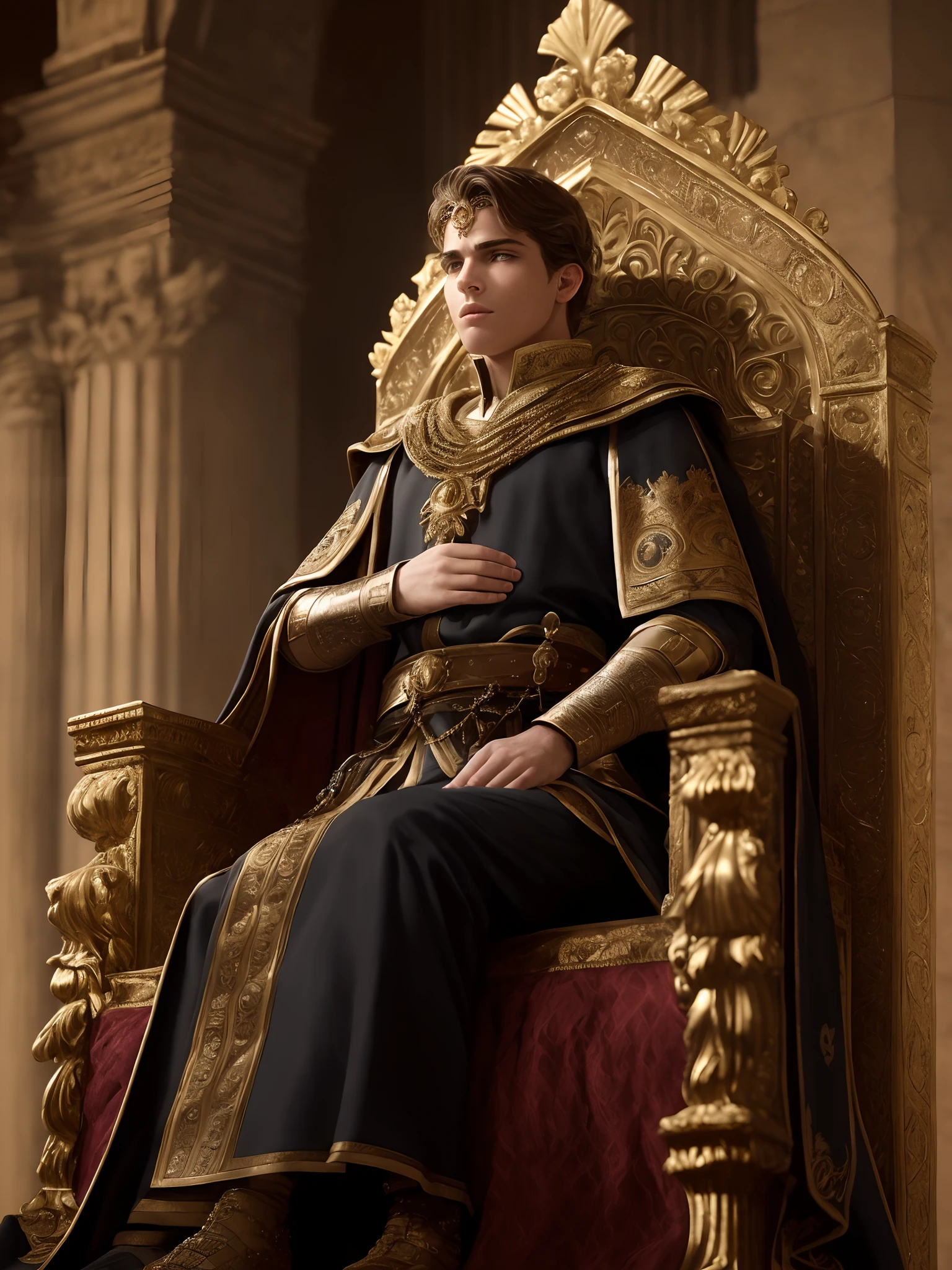 (Highest quality:1.3), cinematic shot, masterpiece, (sharp focus:1.5), (photorealistic:1.3),  Imagine a vivid scene where the grandeur of ancient Rome converges with the resilience of a young survivor turned king. Picture a 15-year-old boy, adorned in regal attire, confidently sitting on a magnificent throne in the heart of the Roman Empire. Describe the ornate details of the throne, the luxurious fabrics of his clothing, and the symbols of power that surround him. it is night time, (highly detailed skin),  (detailed face), detailed background, dark lighting, twilight lighting, volumetric lighting,  intricate details, UHD,
