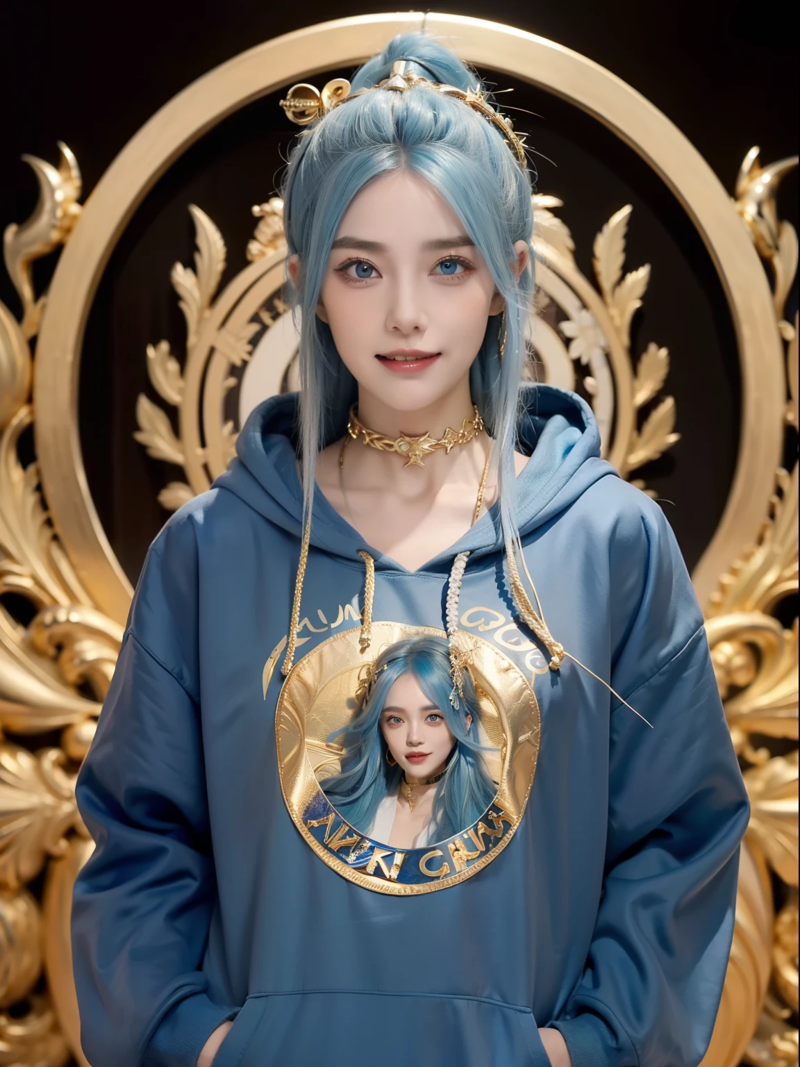 (Masterpiece, Best quality), Intricate details,, 1girll, Gura, multicolored hair, Blue eyes, shark hair ornament, golden hair accessory, gold choker, Gold bracelet, Sharp teeth, grin, Blue hoodie,, Greek clothes, peplos,