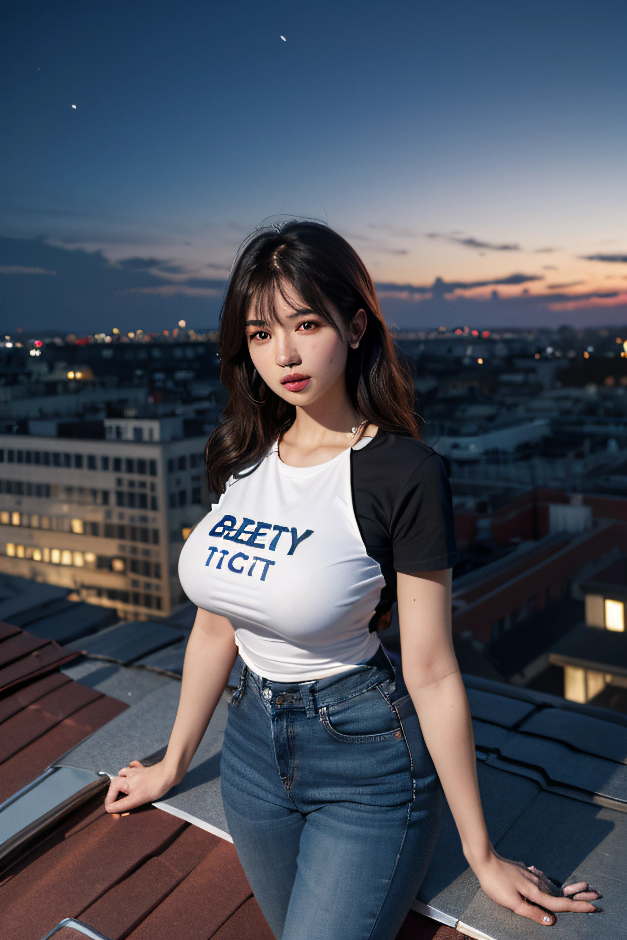 ((midynight、beste-Quality、8k、A masterpice:1.3)), Whole human body, long legs, foco nítido:1.2, Beautiful woman with perfect body shape:1.4, Slender Abs:1.1, ((dark  brown hair、ultra huge breast:1.2)), (White tight t-shirt、Jean Bib, The  is standing:1.2), ((Night City View、On the rooftop:1.3)), Highly detailed facial and skin texture, detailed eye, 二重まぶた