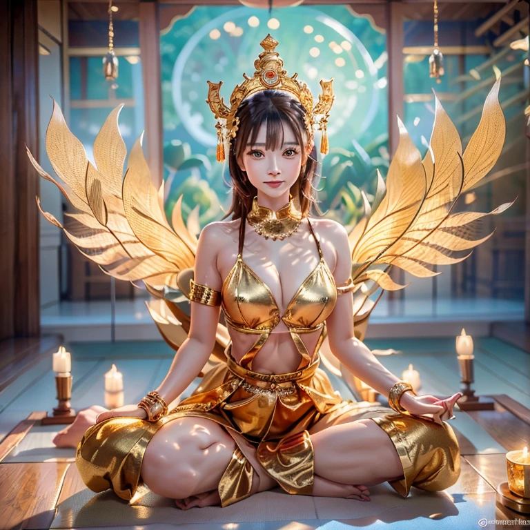 A woman in a gold dress sits in a lotus pose., goddess of love and peace, Angels do yoga in the temple, Thai art, goddesses. very high details, beautiful goddess, a beautiful fantasy empress, tithi luadthong, Holy Goddess, extremely detailed goddess shot, Goddess Art, 3 d goddess portrait, 10)), Master of Female Transformation
