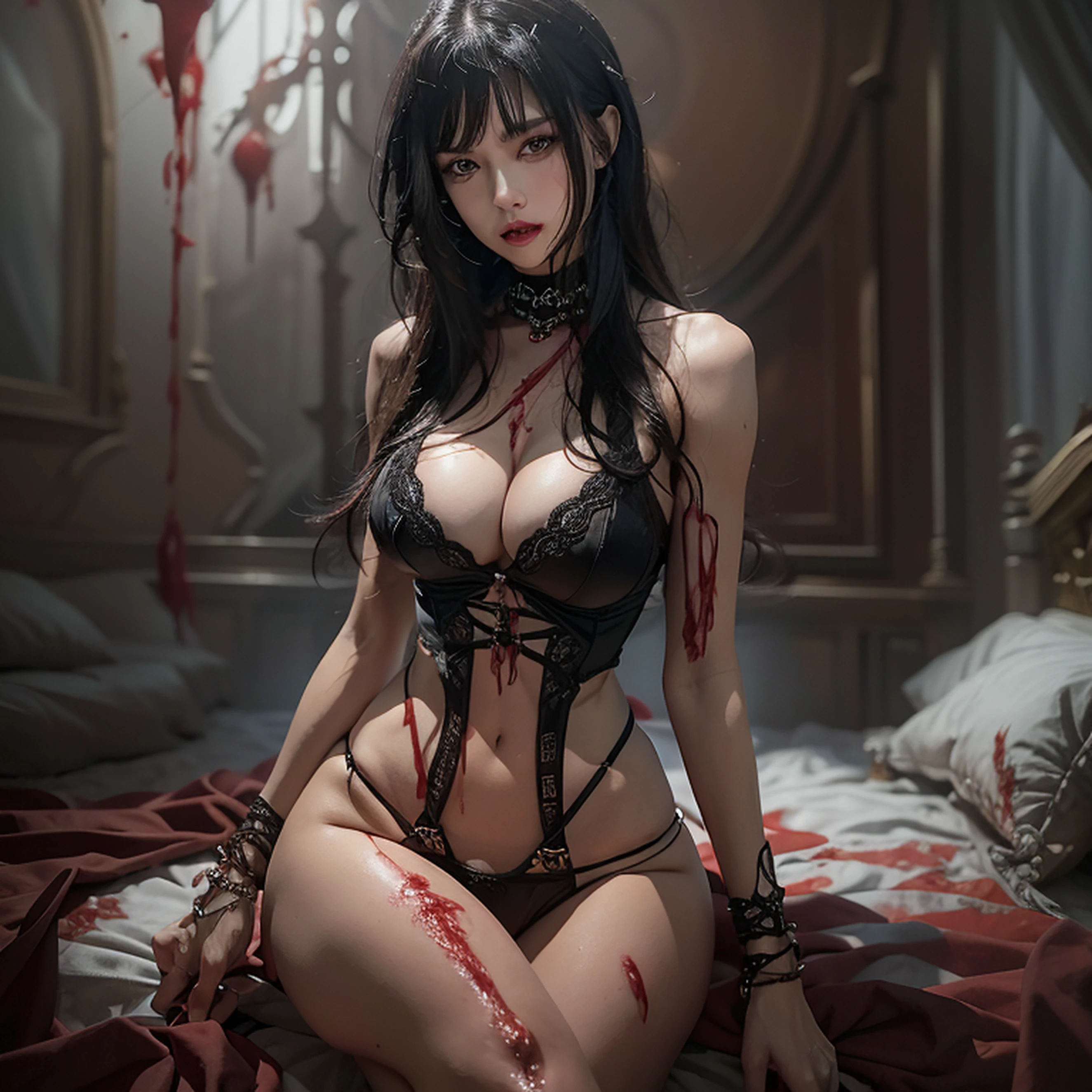 she has the man's big bloody penis in her mouth as she is biting it , she has beautiful crazy eyes, POV, She is dominating the viewer and sucking on his cock, She has a tight pussy and Very short slutty hair, she has a nose piercing, she has perfect bone structure and jawline, her skinny and strong very tall giant blood covered body is shown on a bloody bed with the viewer she has small perky boobs, she is wearing black lingerie with garter belt and stockings, she wants to eat you alive, you can see her sharp fangs as she bites into the viewer's penis hard and blood is dripping from the viewers penis onto the floor, she has sharp fangs, Fantasy ,(NSFW) masterpiece, she has huge sharp vampire fangs, she has abs, and defined deltoids, she is a very tall pretty slutty cyberpunk demon girl with with bangs, She is on the bed and she is squeezing the viewer's 6 inch erect hard with her hands, she is giving the viewer passionate oral sex, she has the viewers is deep in her mouth while she is sucking on it, she has defined muscles and a perfect curvy butt, long legs, she has a crazy look in her eyes, she is a sadistic sex addict who has picked the viewer to be her next victim