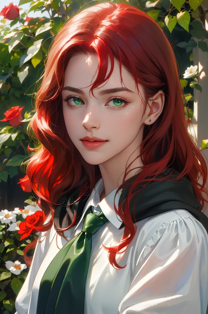 (masterpiece, best quality, high resolution:1.4),(Raw photography, top-quality, masterpiece, extremely delicate and beautiful, ighly detailed, nffsw, Unity, 8K Picture Wallpaper, amazingly detail, detaile, masterpiece, top-quality, Official art, Highly detailed ticker Unity 8k wallpaper, ultra-detailliert, hight resolution, ighly detailed, Clair, Focus,)(top-quality), (realisitic, Photorealsitic:1.5), (8K, Soft lighting, hightquality, lighting like a movie), (1girl), pretty, beautiful, (noble), elegant, skin pores texture, HD , Photography, movie, cinematic, portrait, Realistic, (8k, RAW photo, best quality, masterpiece:1.2), (realistic, photo-realistic:1.33), best quality, (detailed eyes: green eyes), (white shirt), (green and silver striped tie), (red hair), (long wavy hair), , (16 years old), (young), portrait, smile, (background: red rose garden), cats, bust up, detailed and realistic portrait of a girl, (fragile), (night light), (British), (pale), (Caucasian), (innocent), (plump juicy lips), (black cloak with a deep green lining)
