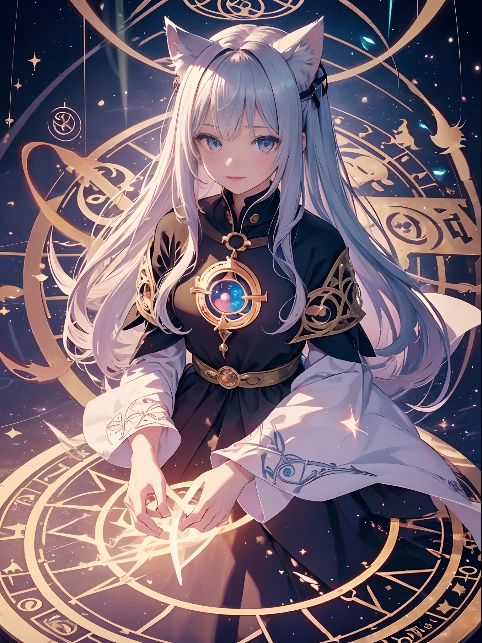 43
{{{masterpiece}}},{{{best quality}}}, {{ultra-detailed}}, {illustration}, {{an extremely delicate and beautiful}},{{{super detailed skin}}},(((detailed))),(((beautiful detailed eyes))),(((caustics))),1girl,(((Summon to another world:1.3))),glistening skin,(((fantasy))),looking at viewer,18 years old, colorful_hair,((Magic Circle:1.3)),(((light particles))),glowing eyes,long_silver_hair ,(((animal ears ))),(((animal tails))),