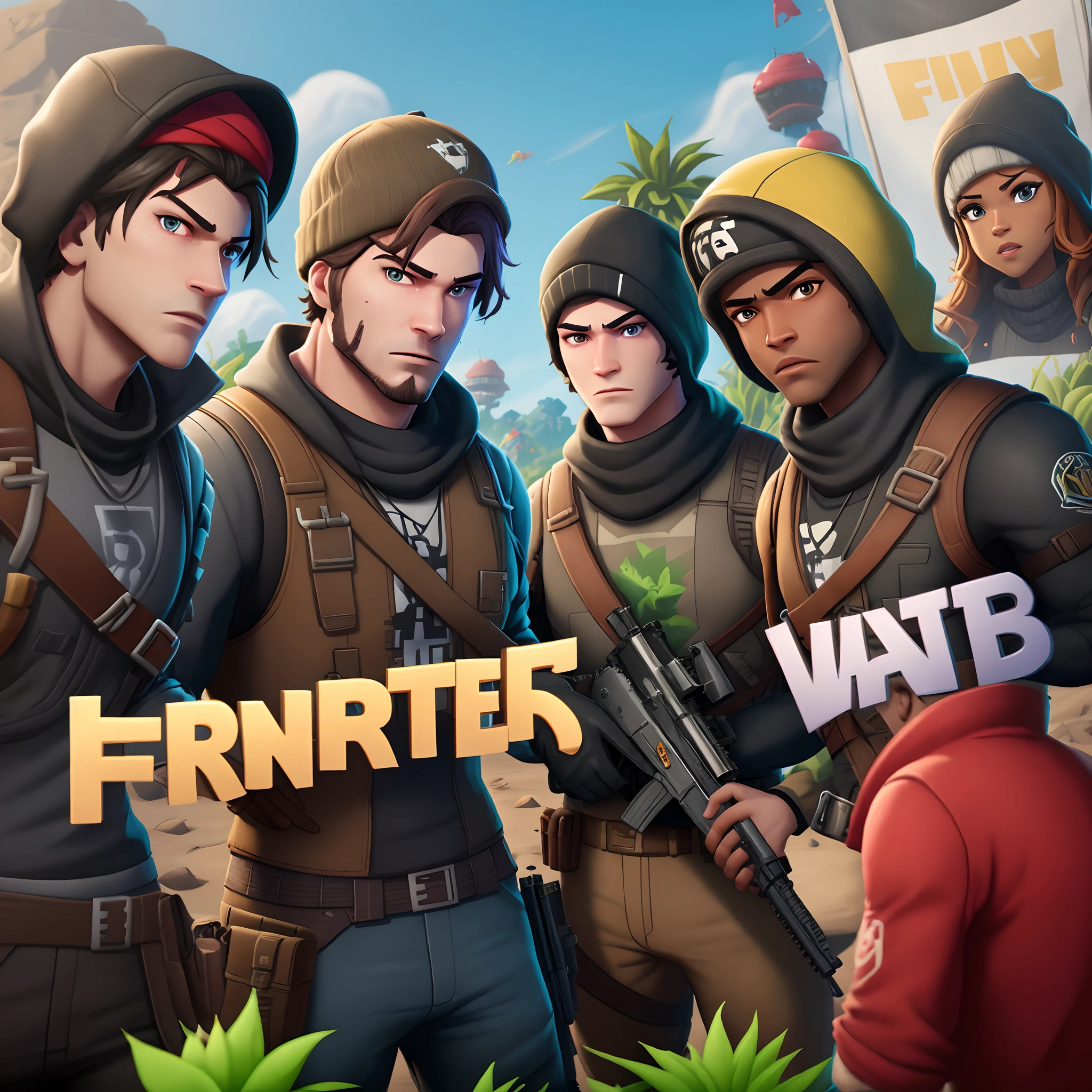 crie um banner do fortnite capitulo 6 com um fazendeiro segurando uma arma do jogo e alguns homens negros coletanso algodao na plantacao