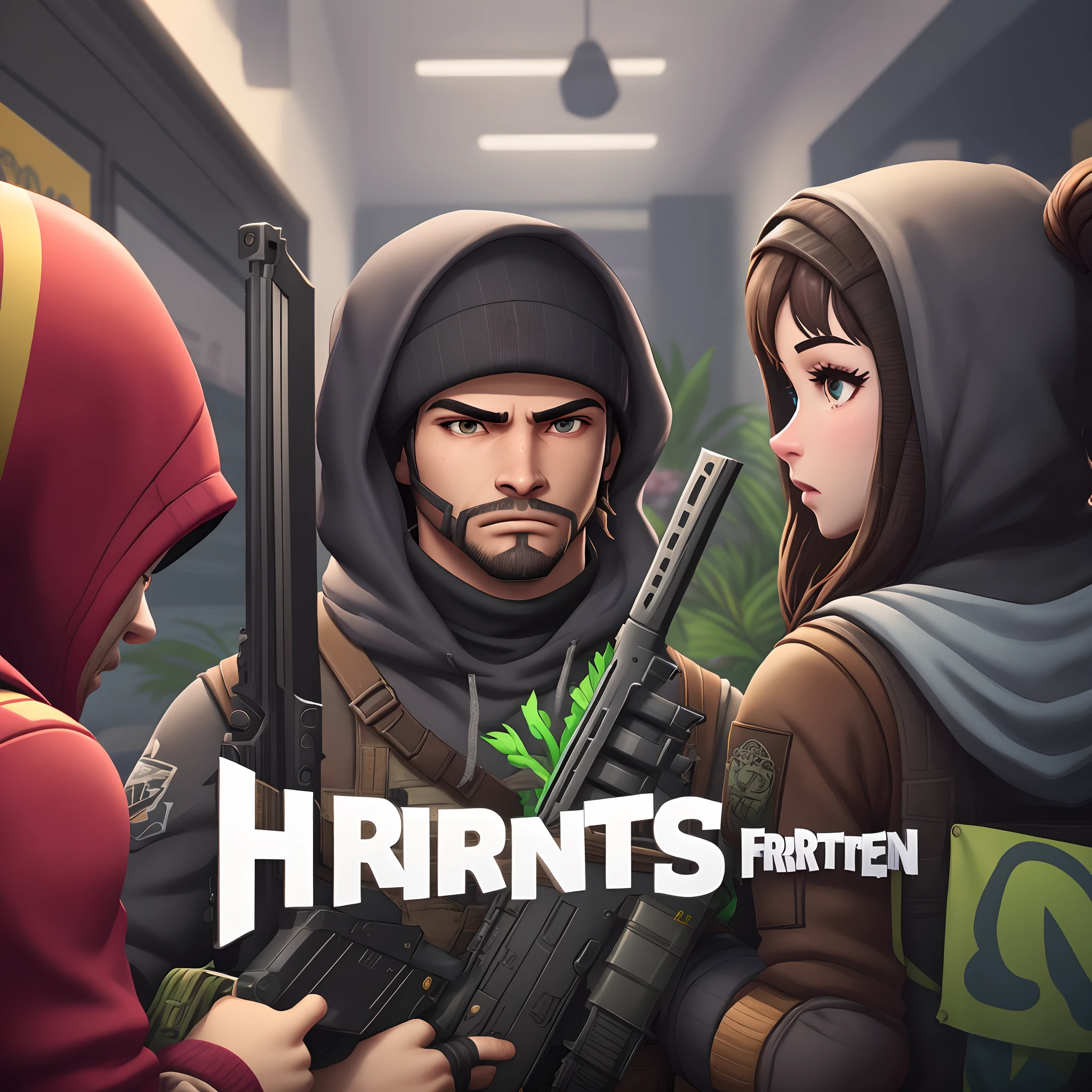 crie um banner do fortnite capitulo 6 com um fazendeiro segurando uma arma do jogo e alguns homens negros coletanso algodao na plantacao