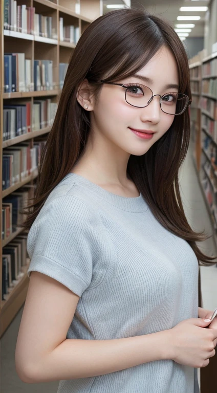 (8k, RAW photos, highest quality). (Realistic, Photorealistic: 1.25). Japanese. Pitiable. 1 female. Library. Professional lighting. Photon mapping. Big tits. Office casual. You can see the cleavage well. The chest is wide open. Gal. Lots of lashes. Pure black eyeshadow. Pink lip. Pitch black heels. Smiling face. Double eyelid. Glasses.