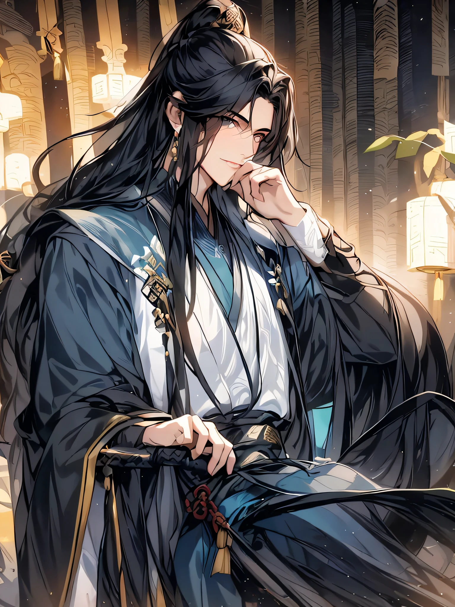 The image of a 28-year-old man with long black hair and a robe holding a fan, Flowing black hair，Black eyes and a cyan ink-and-bamboo robe, A handsome guy in the amorous and wanton art,handsome guy in demon killer art, with his long black hair,Long hair tied up and wearing an antique cyan robe，Holding a fan painted with bamboo in his hand, he smiled，inspired by Wu Daozi, Inspired by Seki Dosheng, Inspired by Zhao Yuan, Inspired by Zhang Han , heise jinyao,, Beautiful androgynous prince, Delicate androgynous prince, Inspired by Zhao Yuan,Clear close-up from Genshin Impact Impact