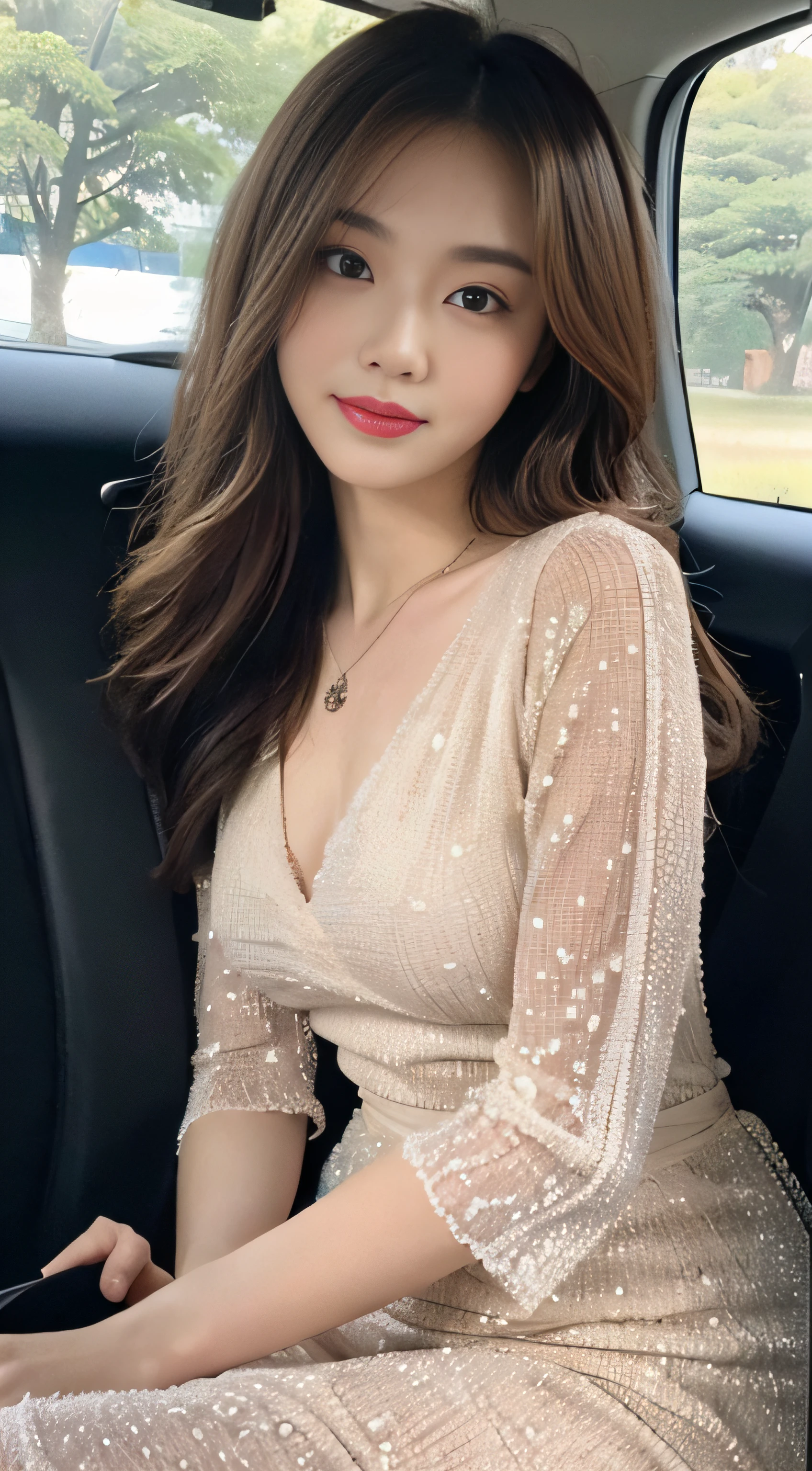 ((Best Quality, 8k, Masterpiece: 1.3)), Focus: 1.2, Perfect Body Beauty: 1.4, Buttocks: 1.2, ((Delicate Long Hair)), (Sparkling Dress: 1.1) , (Sports car, street: 1.2), Highly detailed face and skin texture, Fine eyes, Double eyelids, Whitened skin, Smile, Wearing necklace, ring, person sitting inside a car.