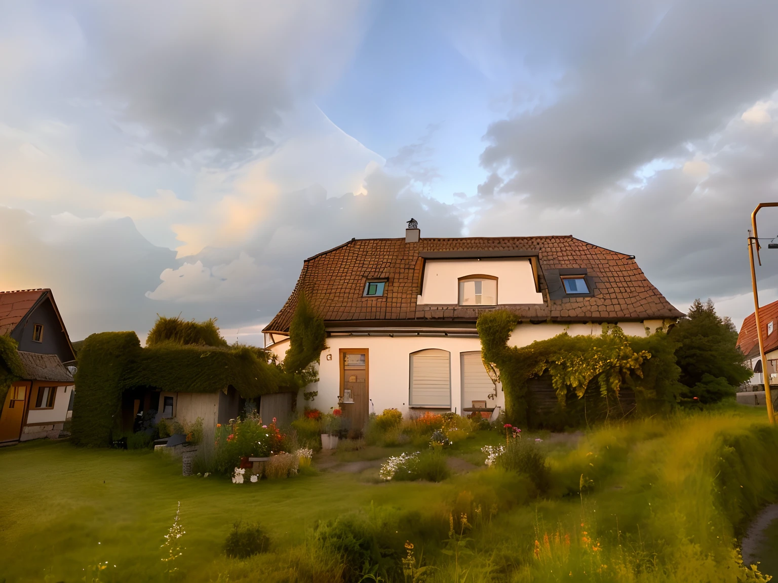 Es gibt ein graues Haus mit einem roten Schild davor, dramatisch warmes Morgenlicht, gefiltertes Abendlicht, by Robert Zünd, by Karl Pümpin, small house in the foreground, Looking outside, Unterer Winkel, Goldene Stunde am Morgen, Spätsommerabend, Haus auf Hintergrund, nachbearbeitet, at dusk at the golden hour, Calming and cozy scenery