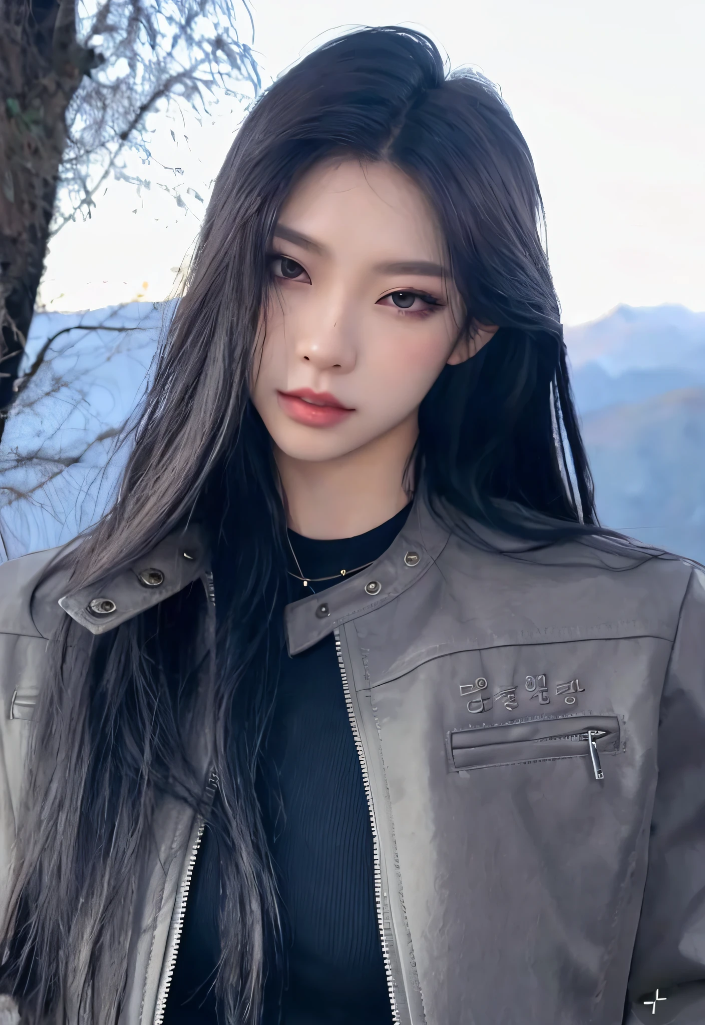 Un primer plano de una persona que lleva una chaqueta de cuero, ulzzang, cruel korean goth girl, con cabello largo y oscuro, Gongbi, Jinyoung Shin, con el pelo largo, Zmonzheng, con cabello largo y negro, kanliu666, con cabello largo y ojos penetrantes, Retrato de Jossi de Blackpink, Sakimichan, Sha Xi